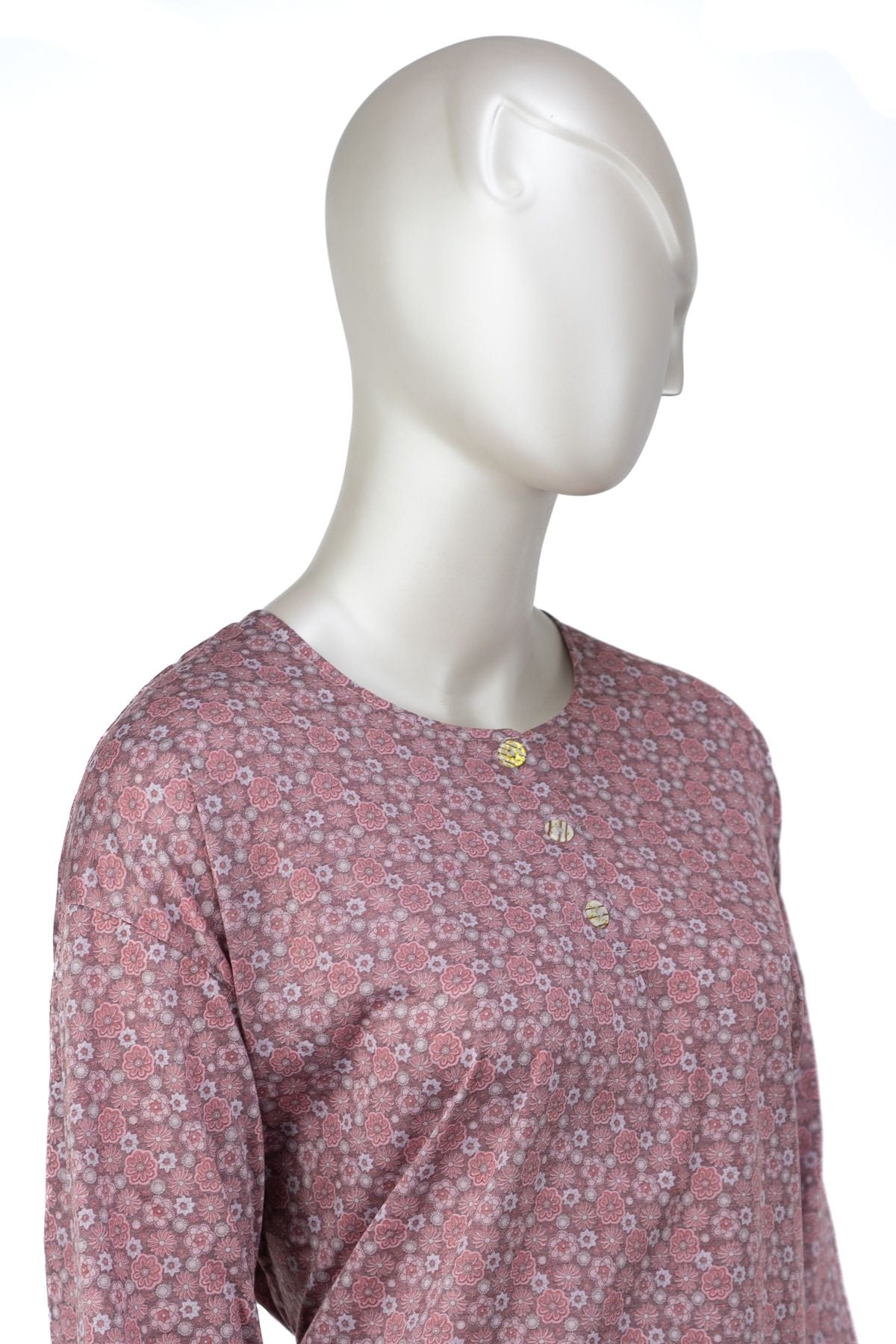 Kadın Kağıt Baskı Klasik Anne Bluz Pamuk Kumaş Manolya Desenli Üç Düğmeli Tam Kalıp