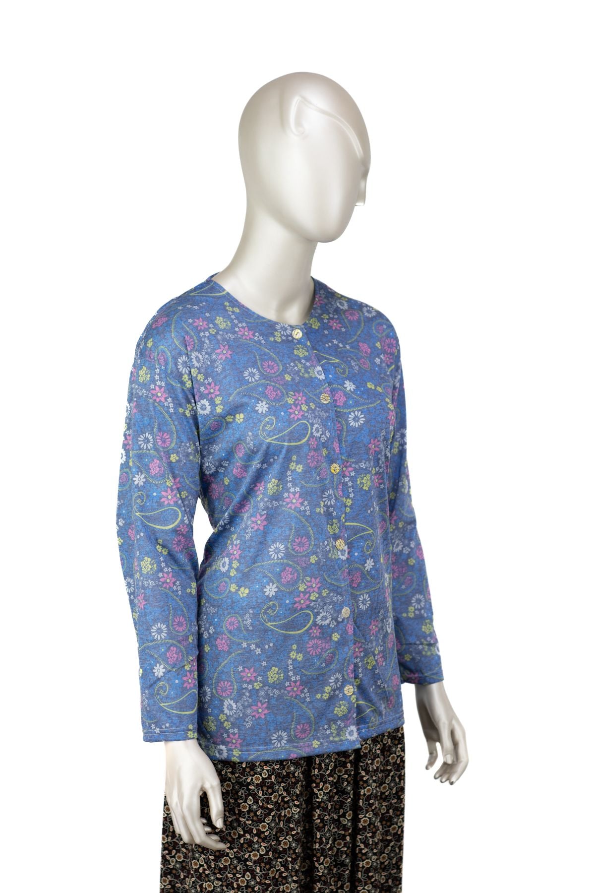 Kadın Kağıt Baskı Klasik Anne Bluz Pamuk Kumaş Defne Desenli Boydan Düğmeli Tam Kalıp