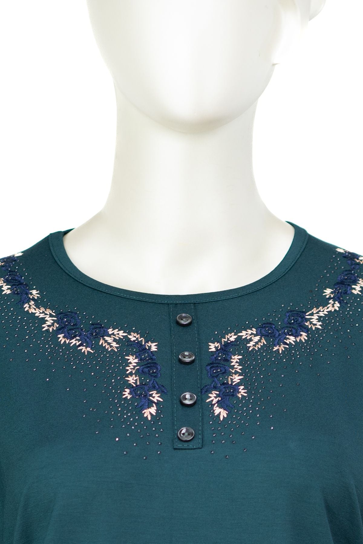 Kadın Turlu Viskon Penye Kumaş Anne Bluz Şık Taşlı ve Nakışlı Yuvarlak Yaka TamKalıp Likralı