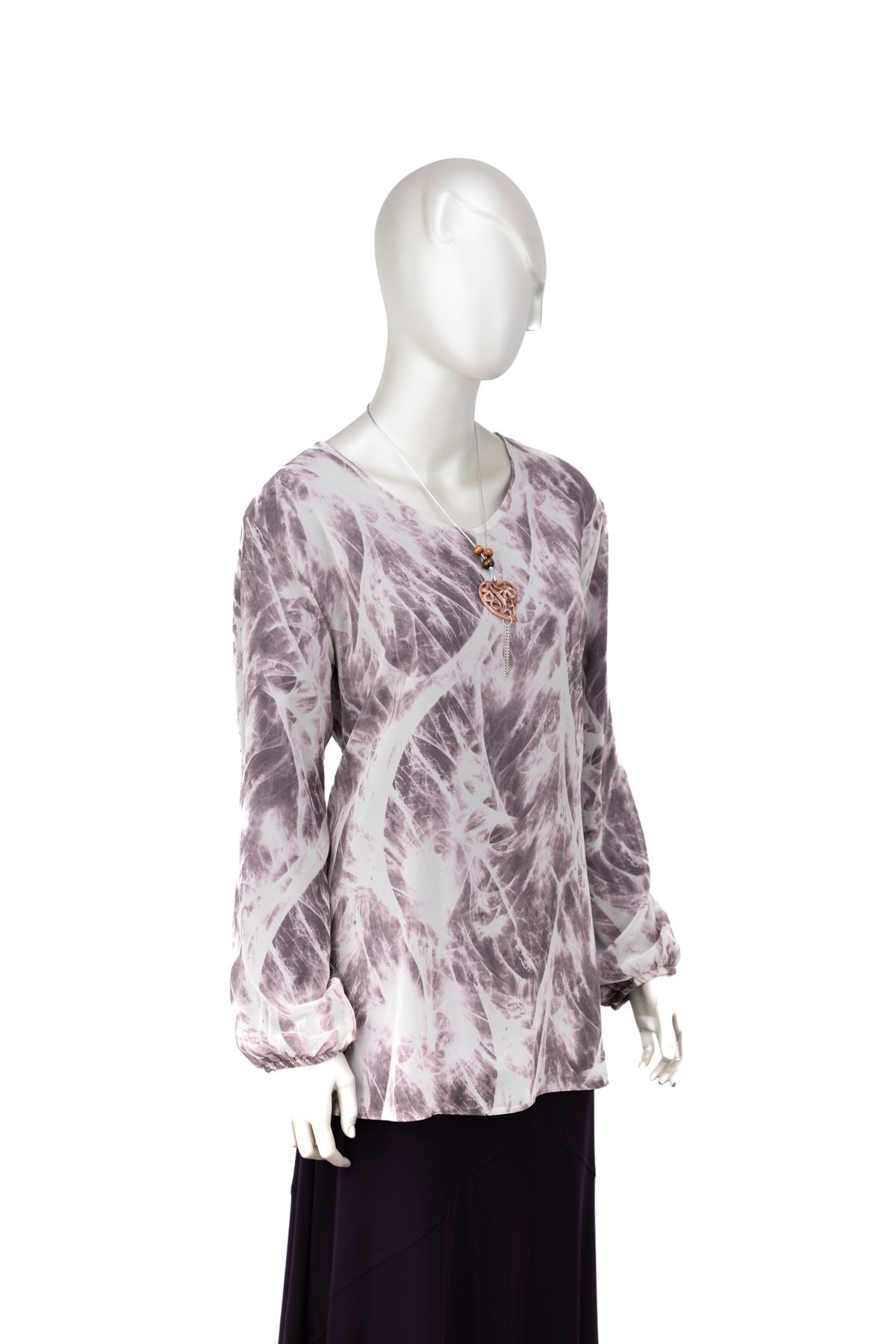 Kadın Klasik Şifon Anne Bluz Viskoz Kumaş Sanat Desenli Kolyeli Astarlı RahatKesim Tam Kalıp