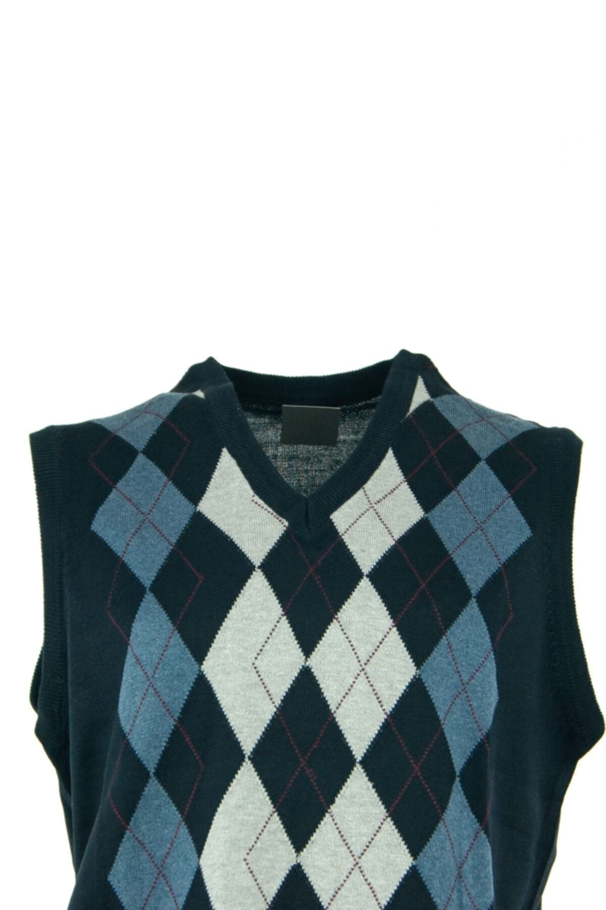 Erkek Lacivert Baba Süveteri Baklava Desenli Rahat Kesim V Yakalı Ince Yün Dokuma