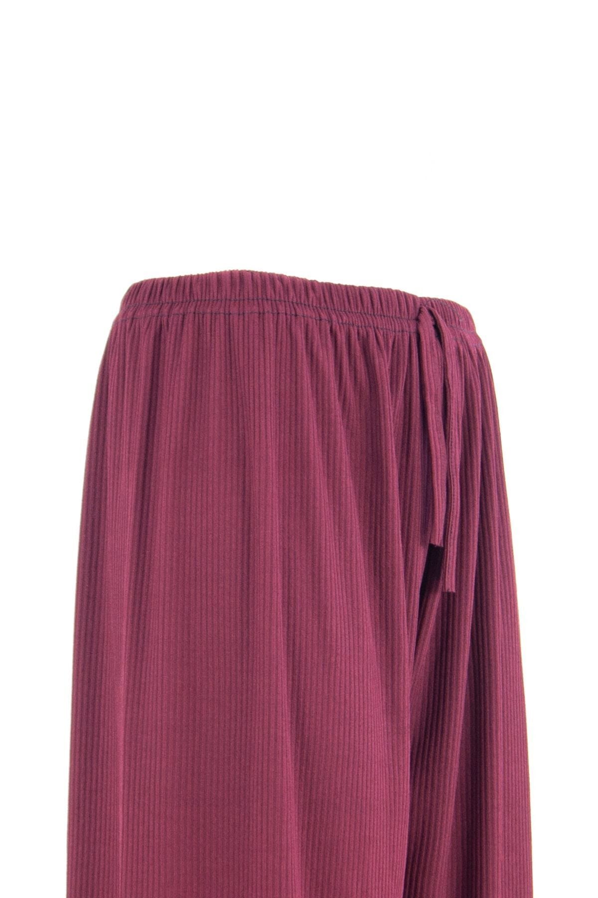 Kadın Fitil Desenli Beli Lastikli Ve Bağcıklı Likralı Turlu Viskon Penye Kumaş Anne Pantolon