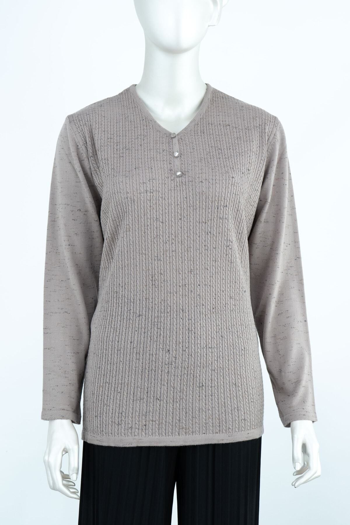 Kadın Kışlık Armut Yaka Desenli Uzun Kol Normal Kesim Likralı Dokuma Triko Ince Anne Kazak