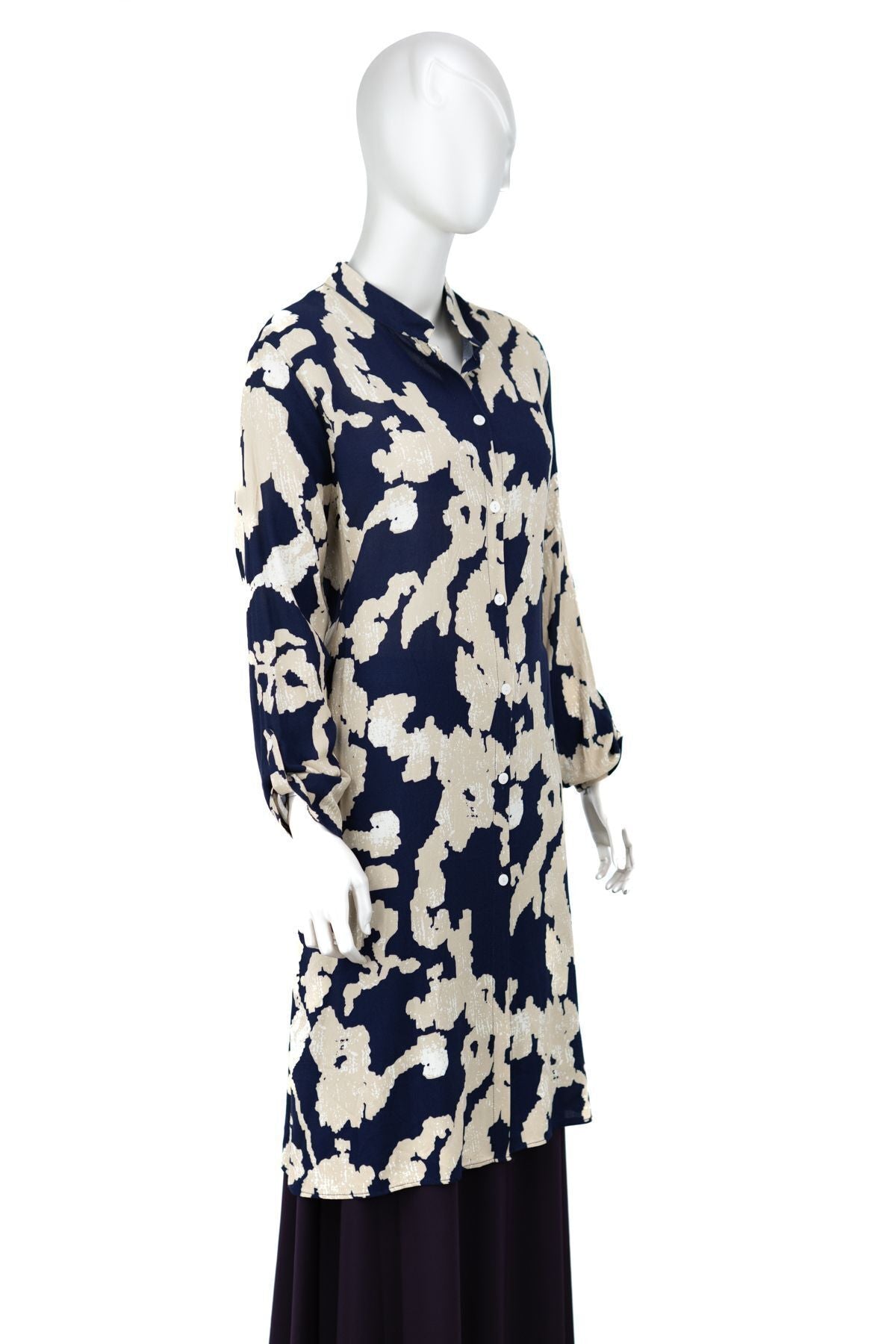 Kadın Dokuma Viskon Kumaş Anne Uzun Tunik Hakim Yaka Sanat Desenli Likrasız Tam Kalıp