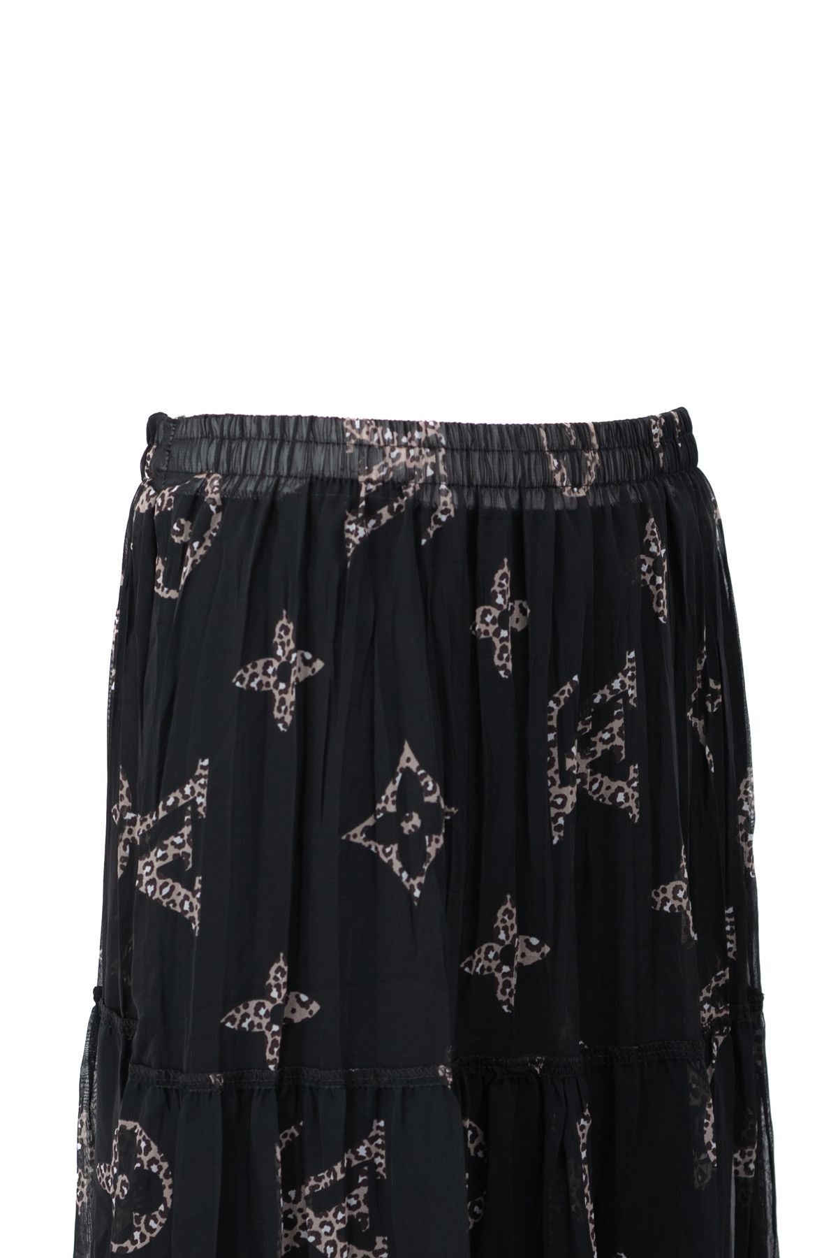 Kadın Astarlı Şifon Etek Bahçecik Desenli Beli Lastikli Rahat Kesim Parçalı