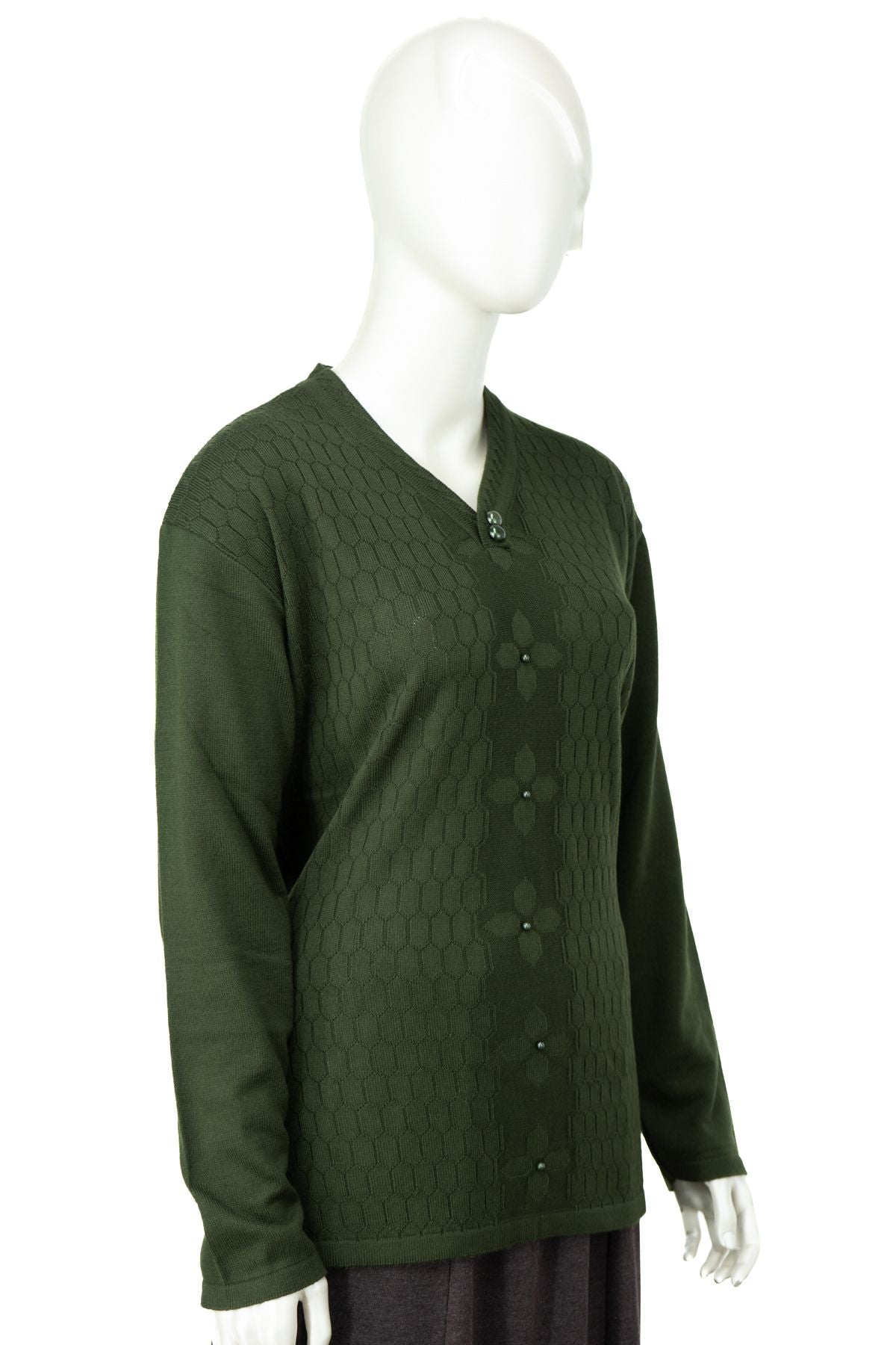 Kadın Kışlık Pamuklu Triko Dokuma Anne Kazak Boncuklu Petek Motifli V Yakalı Rahat Kesim