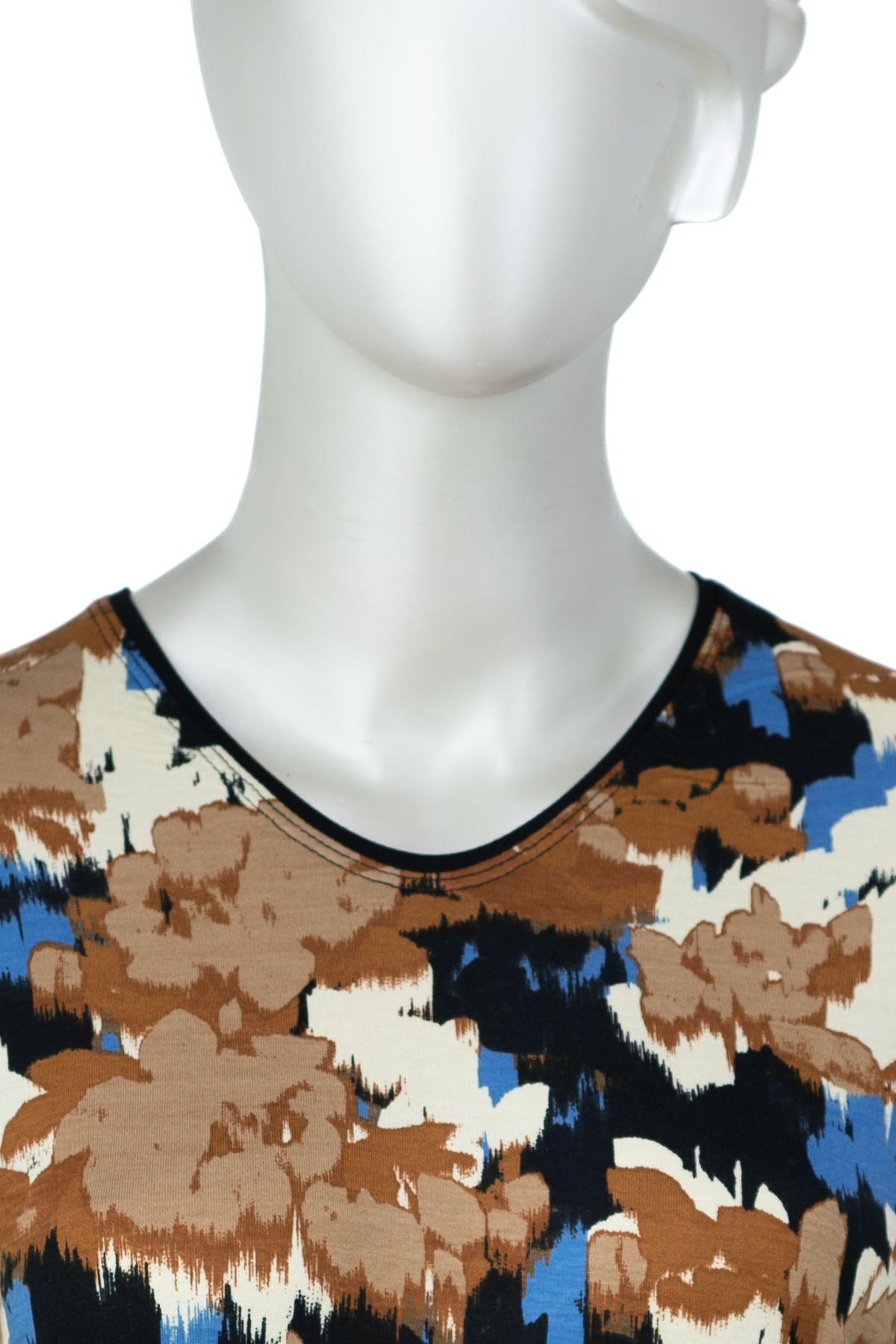 Kadın Turlu Viskon Penye Kumaş Anne Bluz Kadife Çiçeği Desenli Hafif V Yaka Tam Kalıp