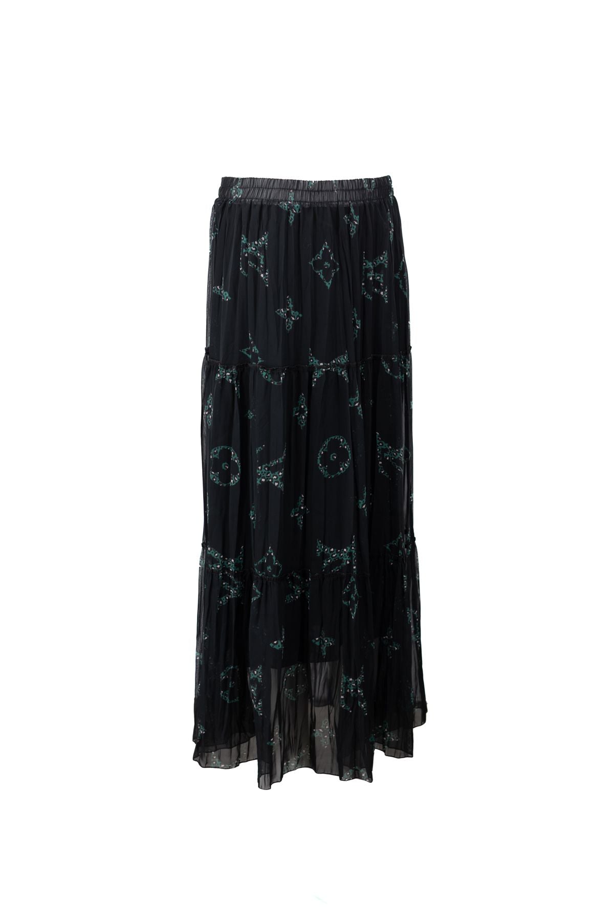 Kadın Astarlı Şifon Etek Bahçecik Desenli Beli Lastikli Rahat Kesim Parçalı