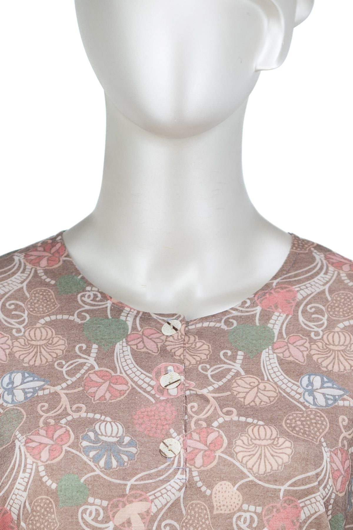 Kadın Kağıt Baskı Klasik Anne Bluz Kalp Desenli Üç Düğmeli Yuvarlak Yaka Likralı Tam Kalıp