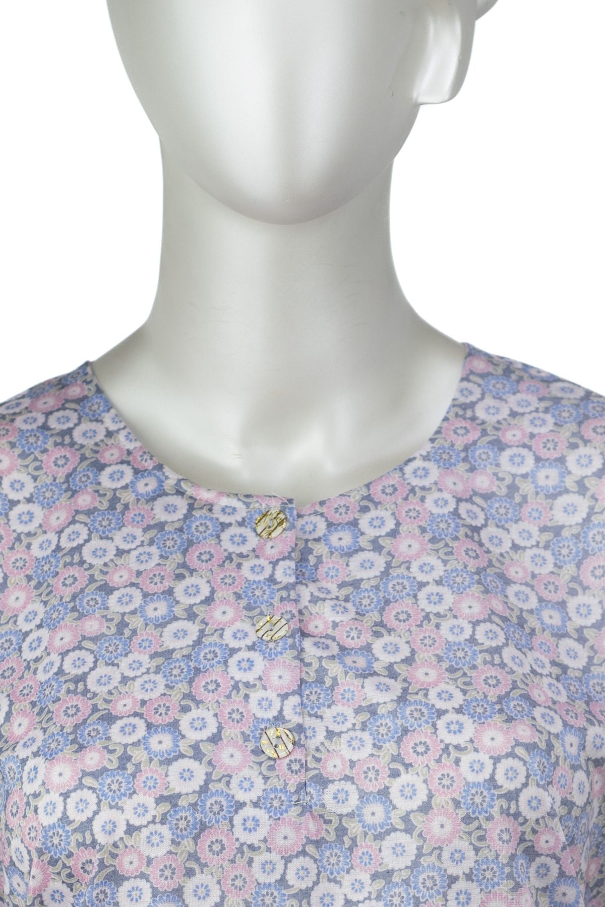 Kadın Kağıt Baskı Klasik Anne Bluz Pamuk Kumaş Manolya Desenli Üç Düğmeli Tam Kalıp