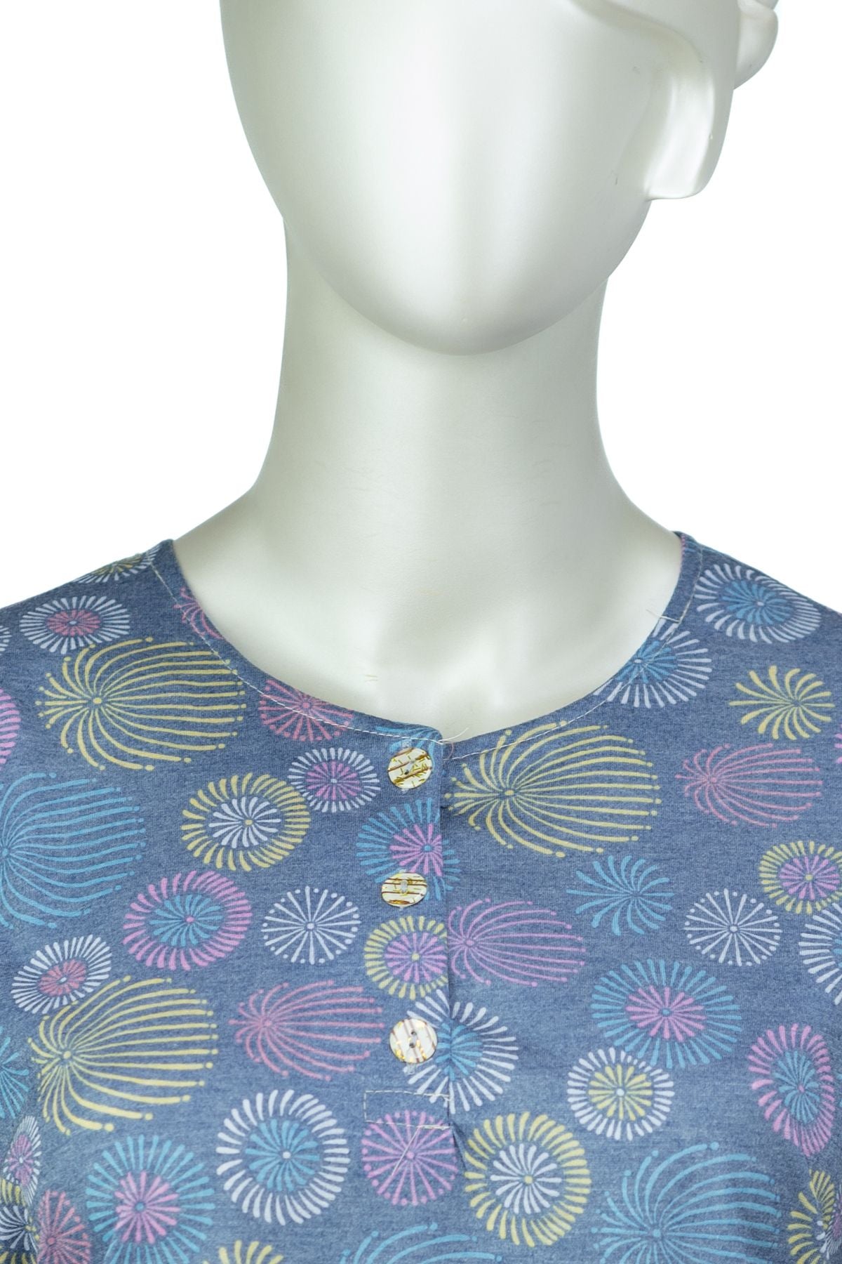 Kadın Kağıt Baskı Klasik Anne Bluz Pamuk Kumaş Gelin Desenli Üç Düğmeli Yuvarlak Yaka Rahat