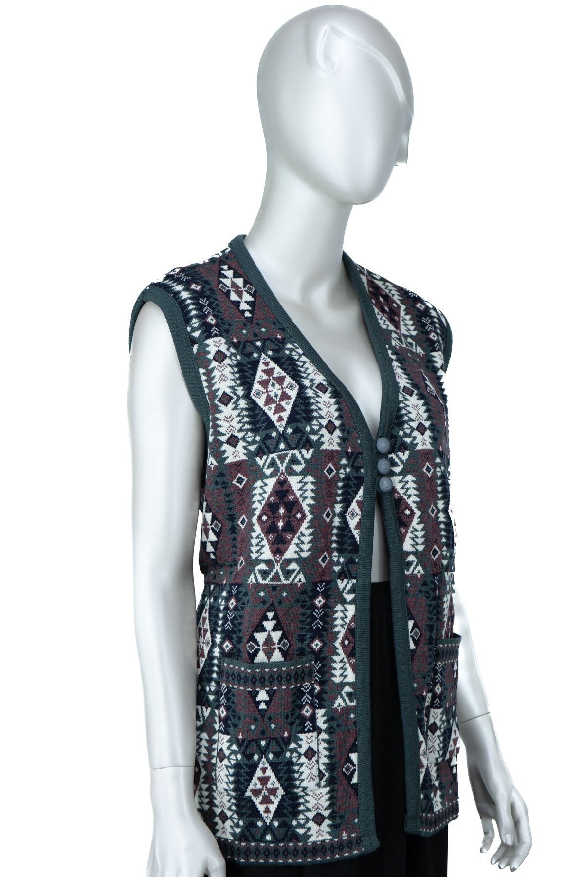 Kadın Kışlık Anne Yelek Pamuklu Triko Örme Klasik Etnik Motifli Önden Düğmeli Çift Cepli