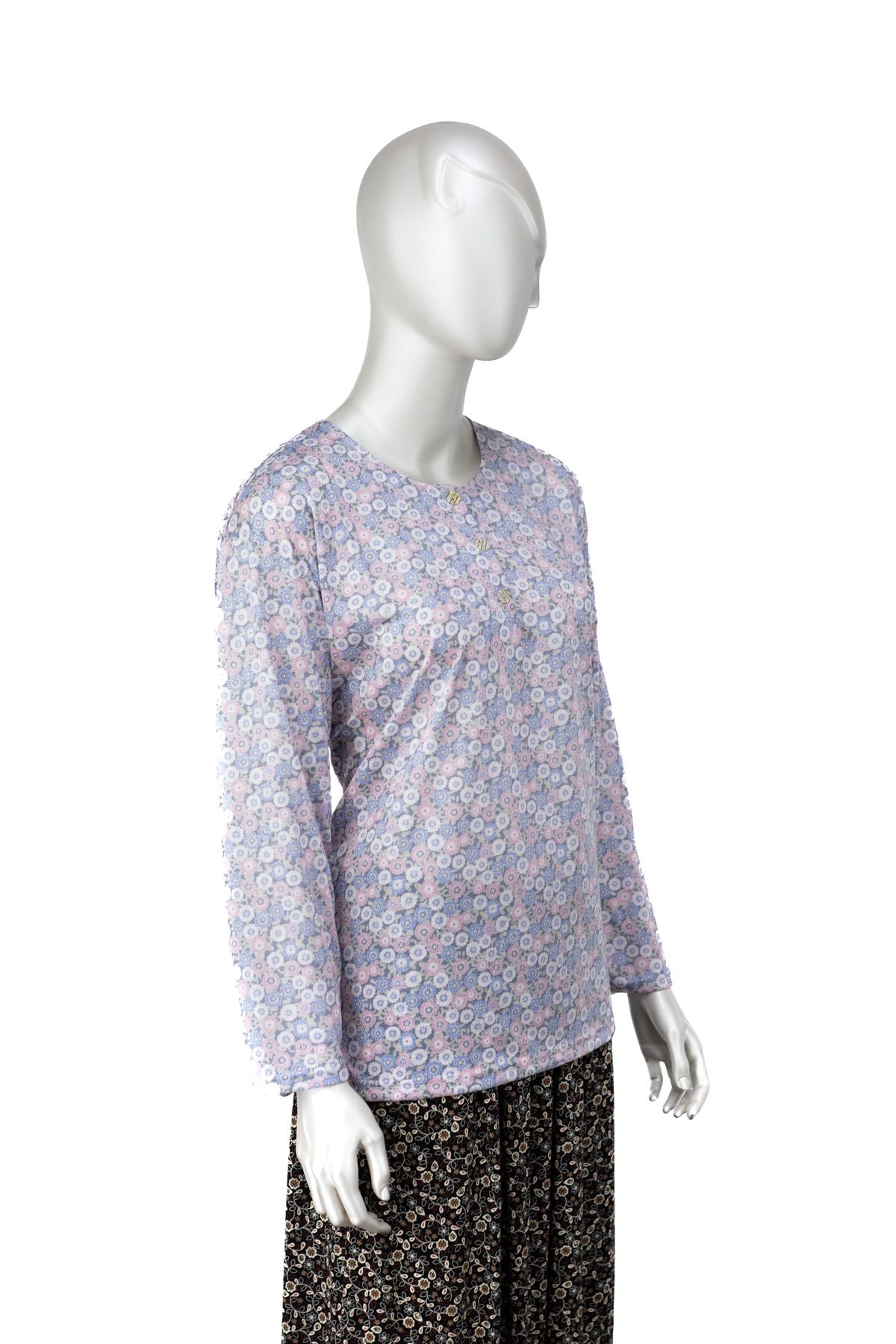 Kadın Kağıt Baskı Klasik Anne Bluz Pamuk Kumaş Manolya Desenli Üç Düğmeli Tam Kalıp