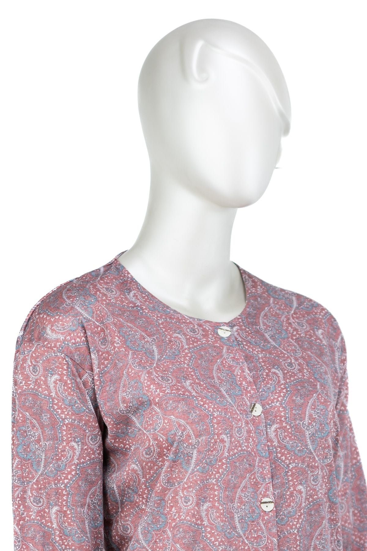 Kadın Kağıt Baskı Klasik Anne Bluz Elif Desenli Boydan Düğmeli Yuvarlak Yaka Rahat Tam Kalıp