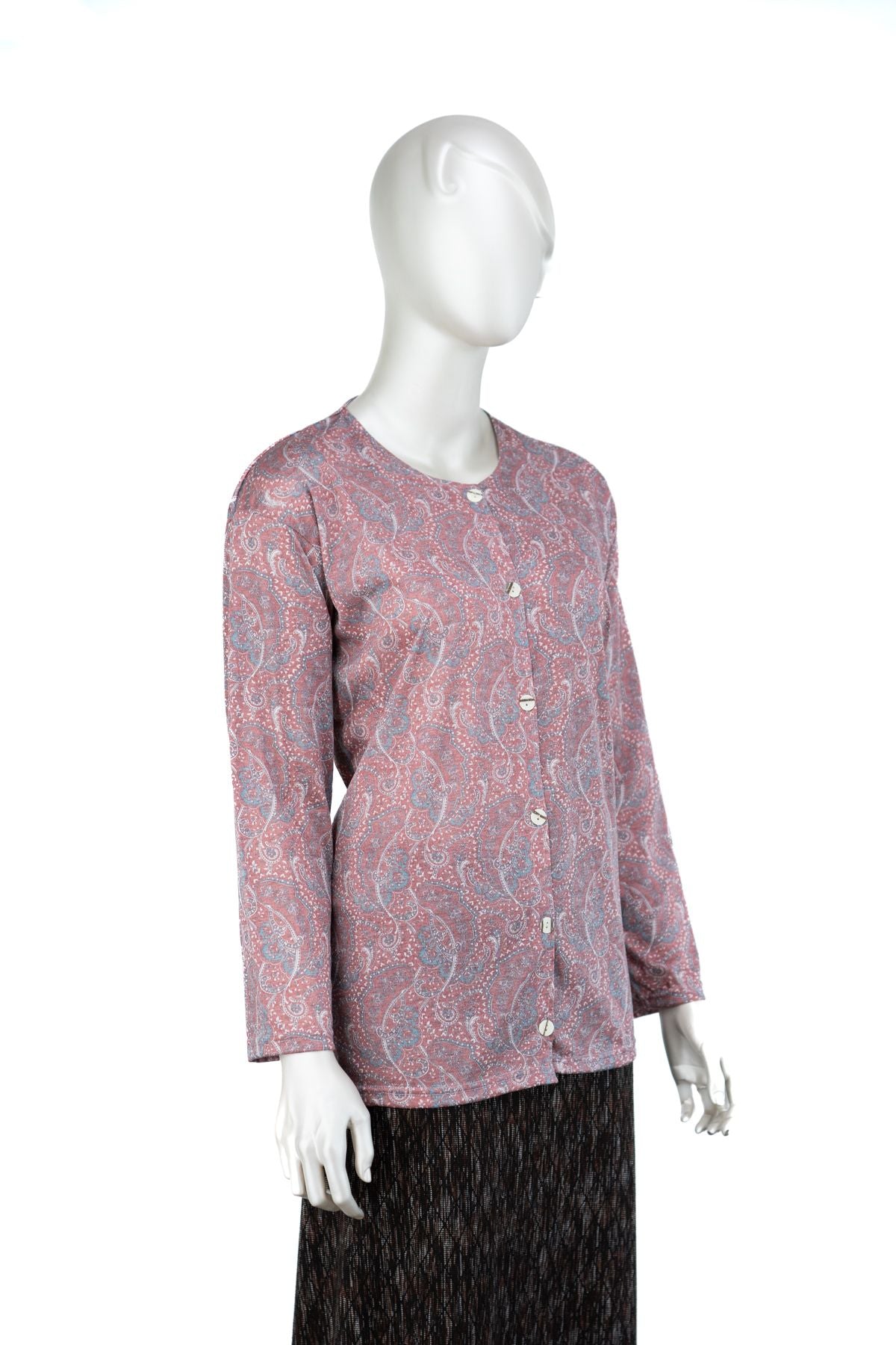 Kadın Kağıt Baskı Klasik Anne Bluz Elif Desenli Boydan Düğmeli Yuvarlak Yaka Rahat Tam Kalıp