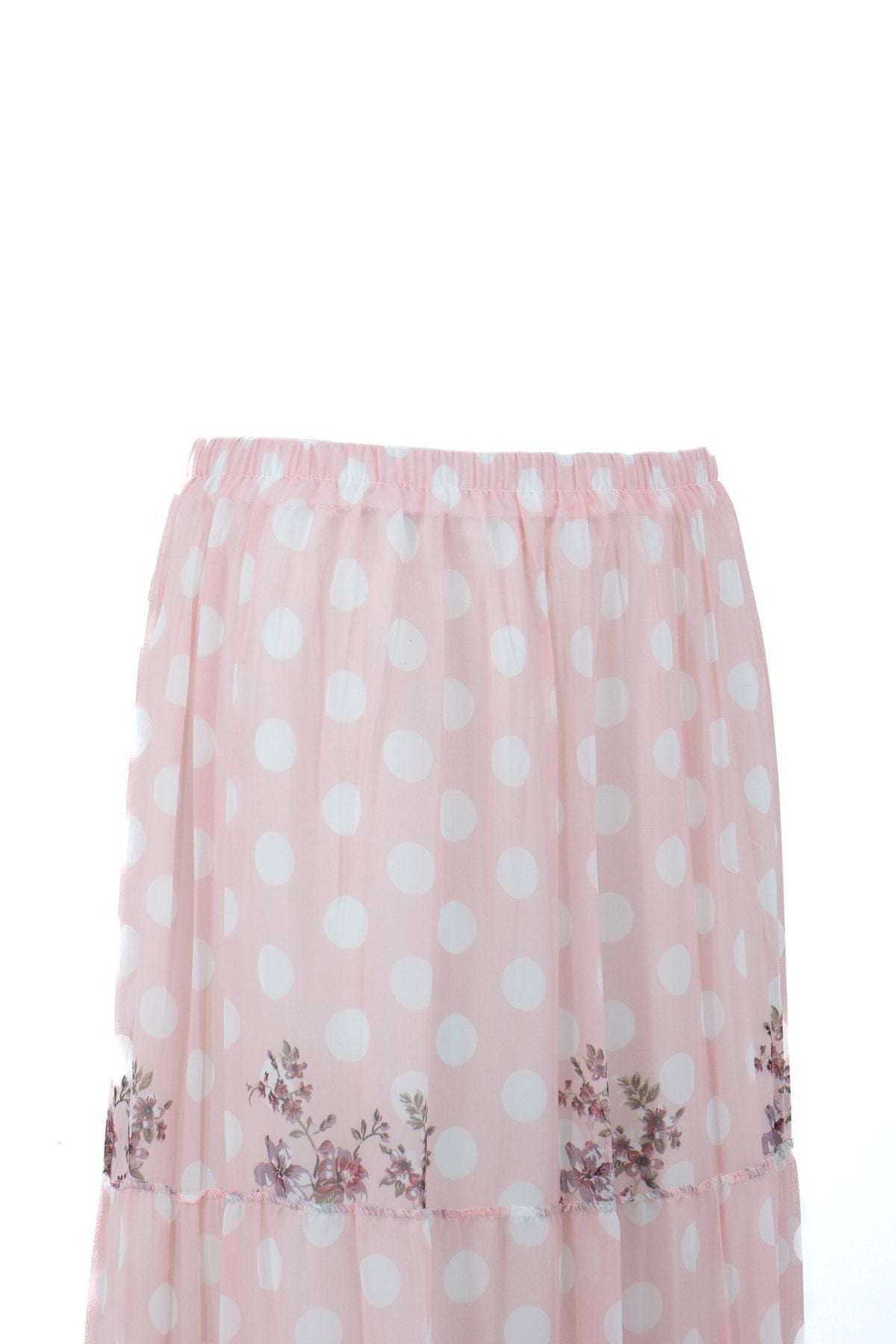 Kadın Bahar Puantiyesi Desenli Rahat Kesim Astarlı Likralı Üç Parçalı Premium Şifon Etek