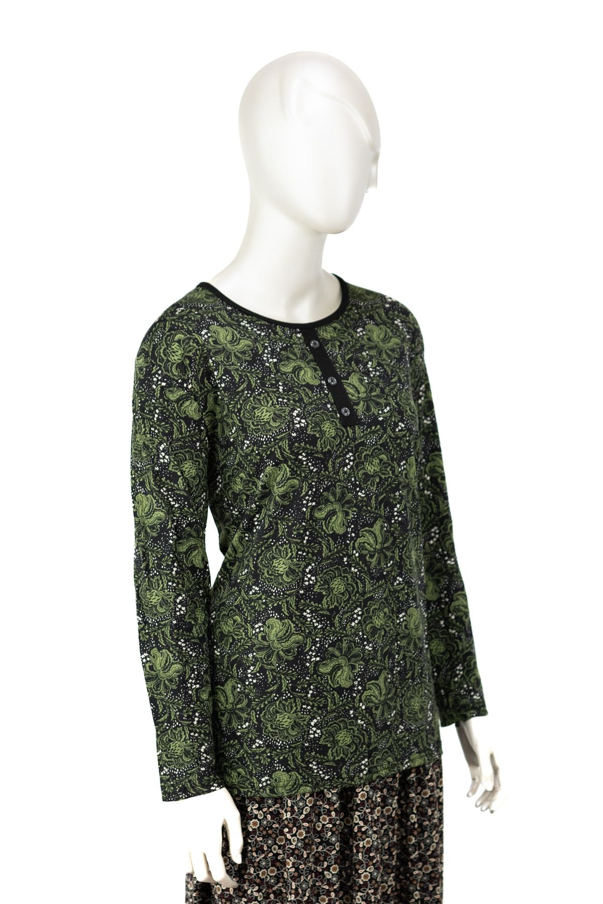 Kadın Turlu Viskon Penye Kumaş Anne Bluz Gül Desenli Likralı Yuvarlak Yaka Tam Kalıp