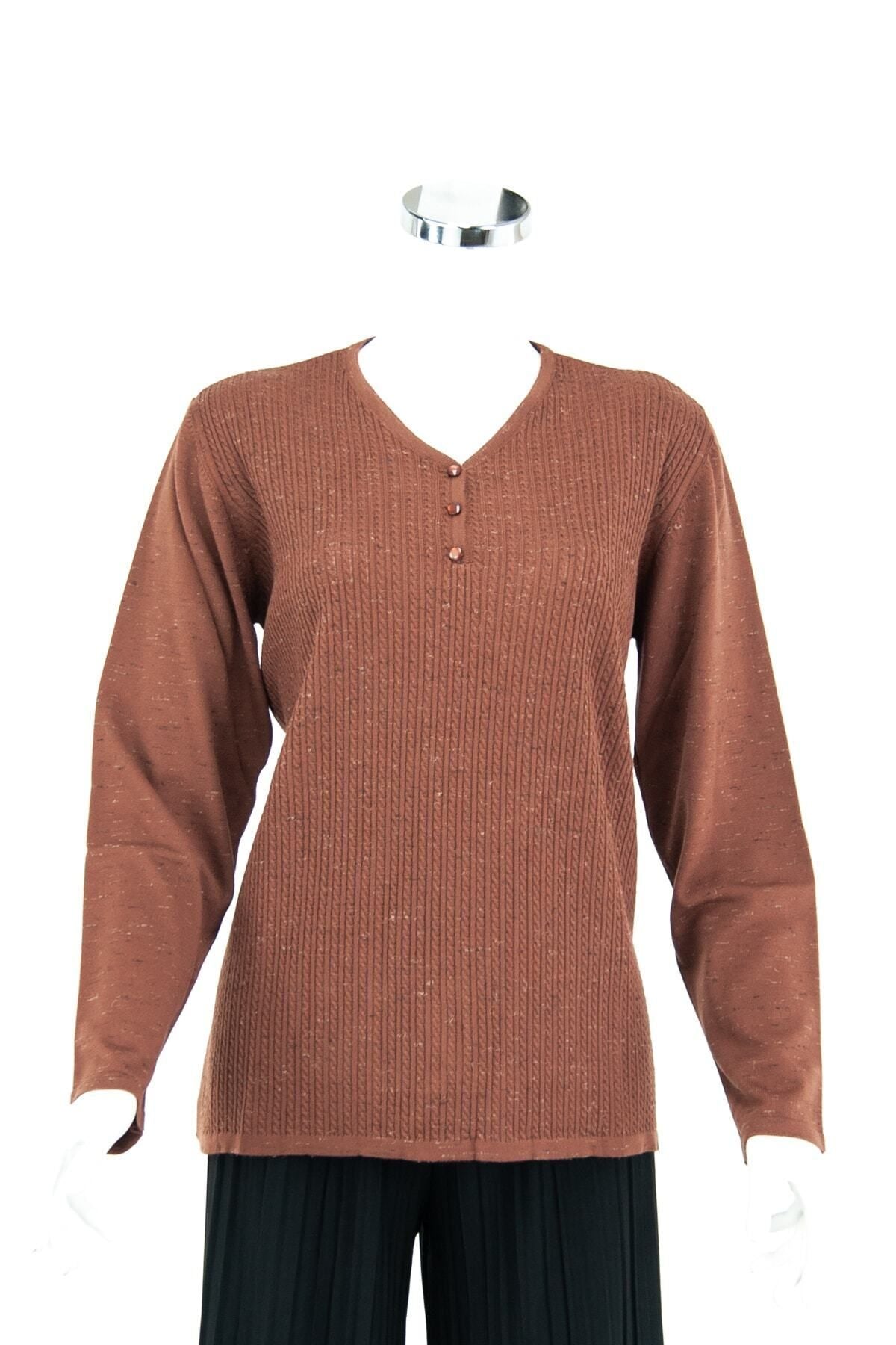 Kadın Kışlık Armut Yaka Desenli Uzun Kol Normal Kesim Likralı Dokuma Triko Ince Anne Kazak