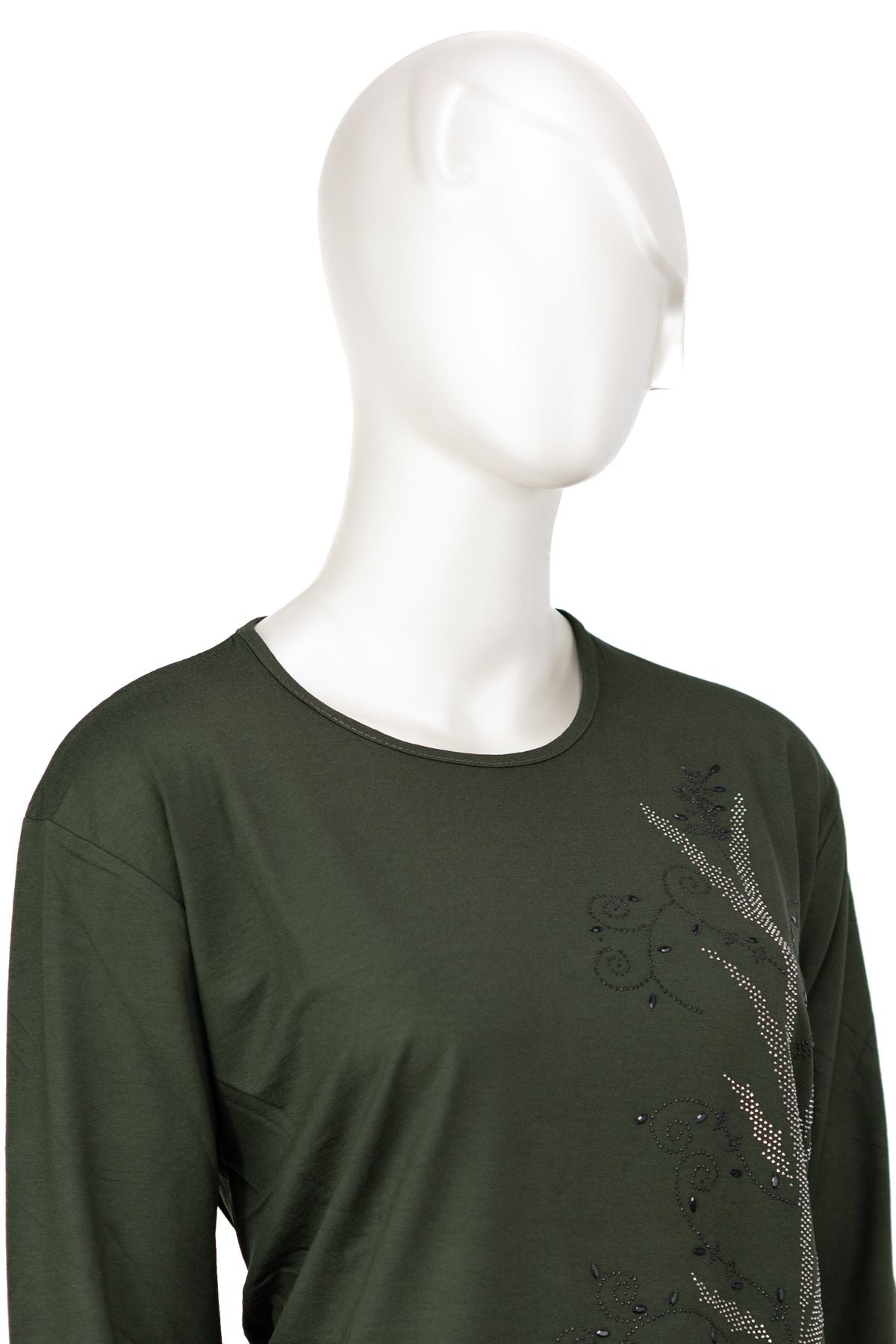 Kadın Turlu Viskon Penye Kumaş Anne Bluz Şık Çiçek Taşlı Yuvarlak Yaka Tam Kalıp Likralı