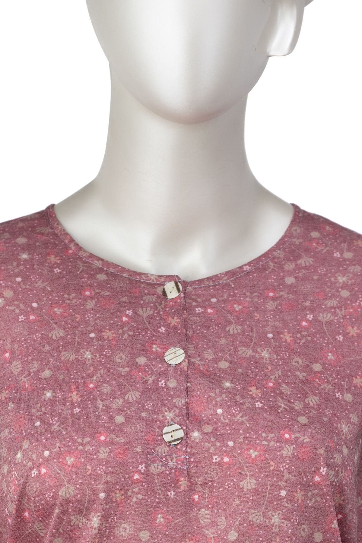 Kadın Kağıt Baskı Klasik Anne Bluz Demet Desenli Üç Düğmeli Yuvarlak Yaka Likralı Tam Kalıp