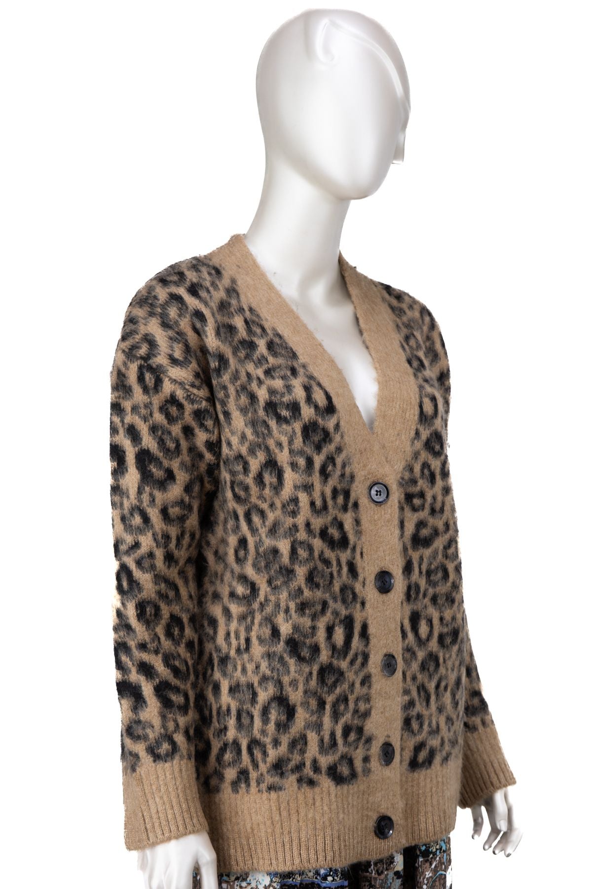 Kadın Kışlık Yün Örme Triko Hırka Over Size Standart Beden V Yaka Modern Leopar Motifli