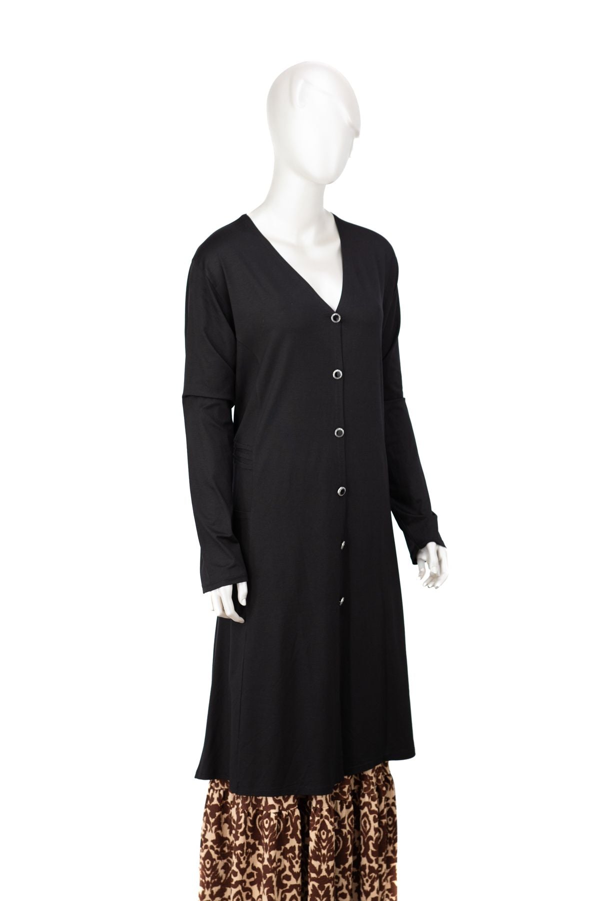 Kadın Uzun Anne Hırka Önü Düğmeli Cepli Rahat Kesim Likralı V Yaka Turlu Viskon Penye Kumaş