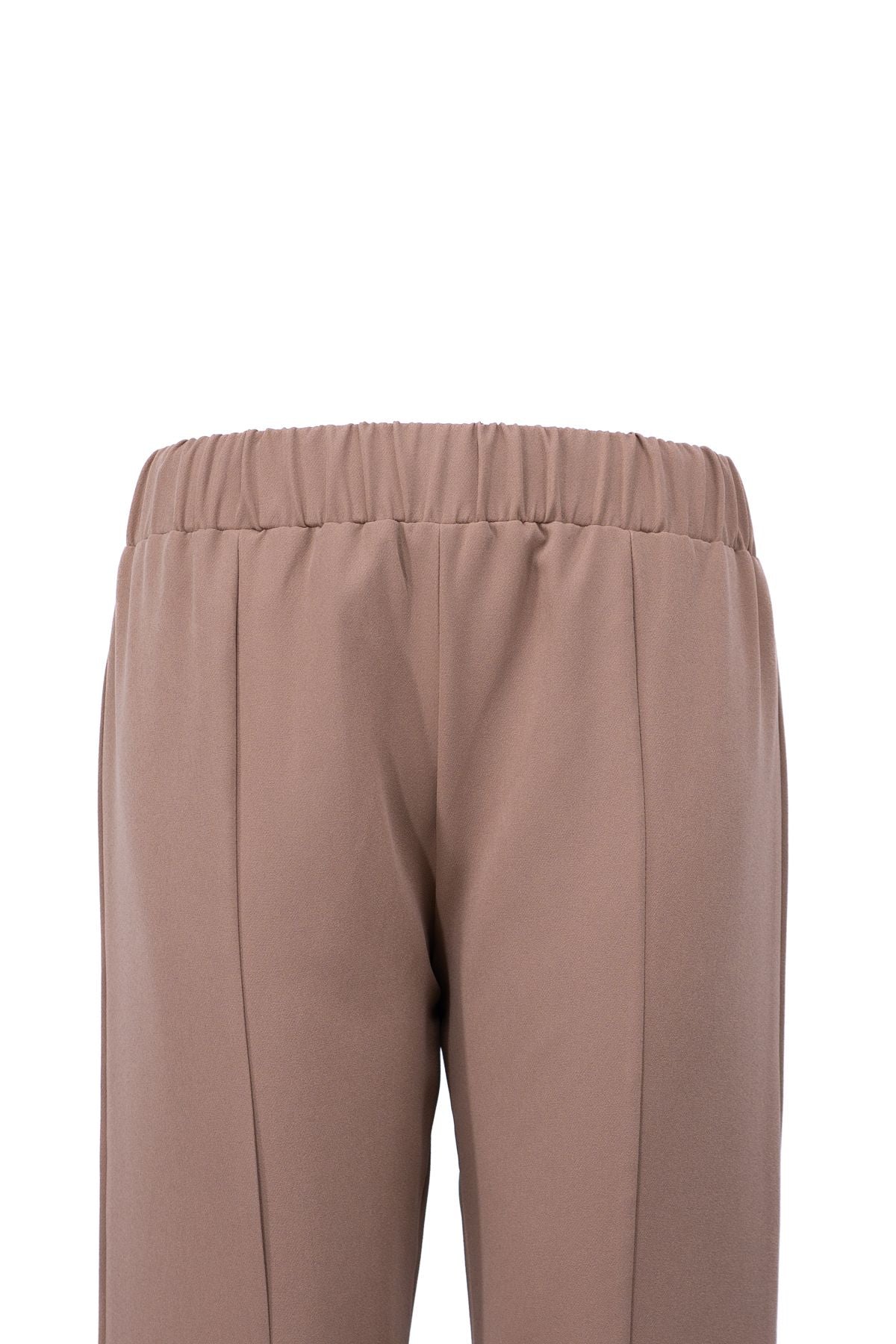 Kadın Yüksek Bel Lastikli Palazzo Pantolon Çimalı Cepli Krep Kumaş Yırtmaçlı Tam Kalıp