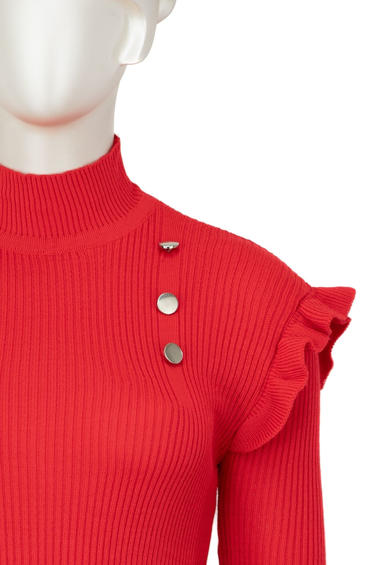 Kadın Kışlık Kolları Şık DüğmeDetaylı Yarım Yaka Bedene Oturan Likralı Örme Triko Badi Kazak