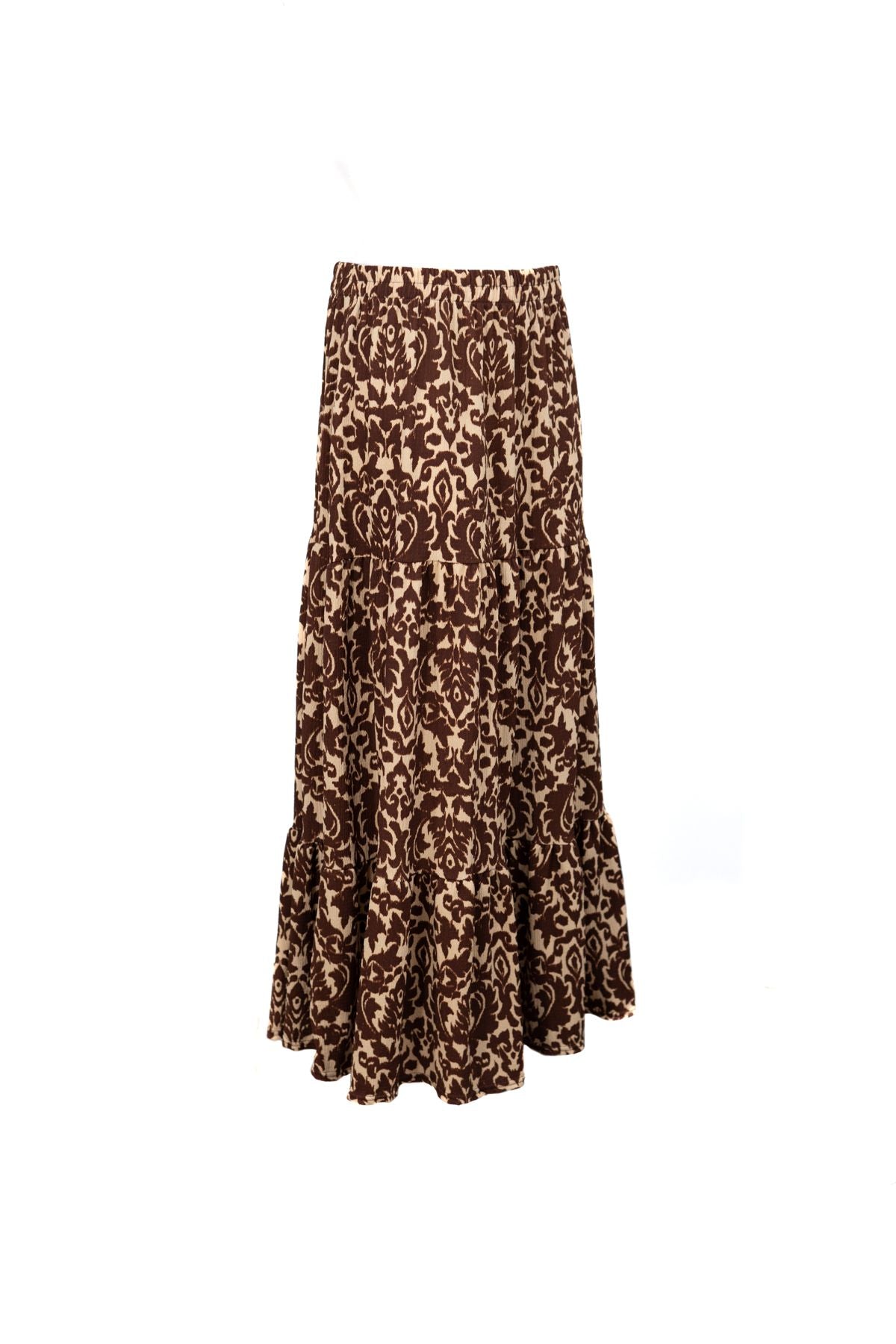 Kadın Gofre Kumaş Etek Bahçe Lale Desenli Üç Katlı Etek Ucu Çan Modelli Likralı Rahat