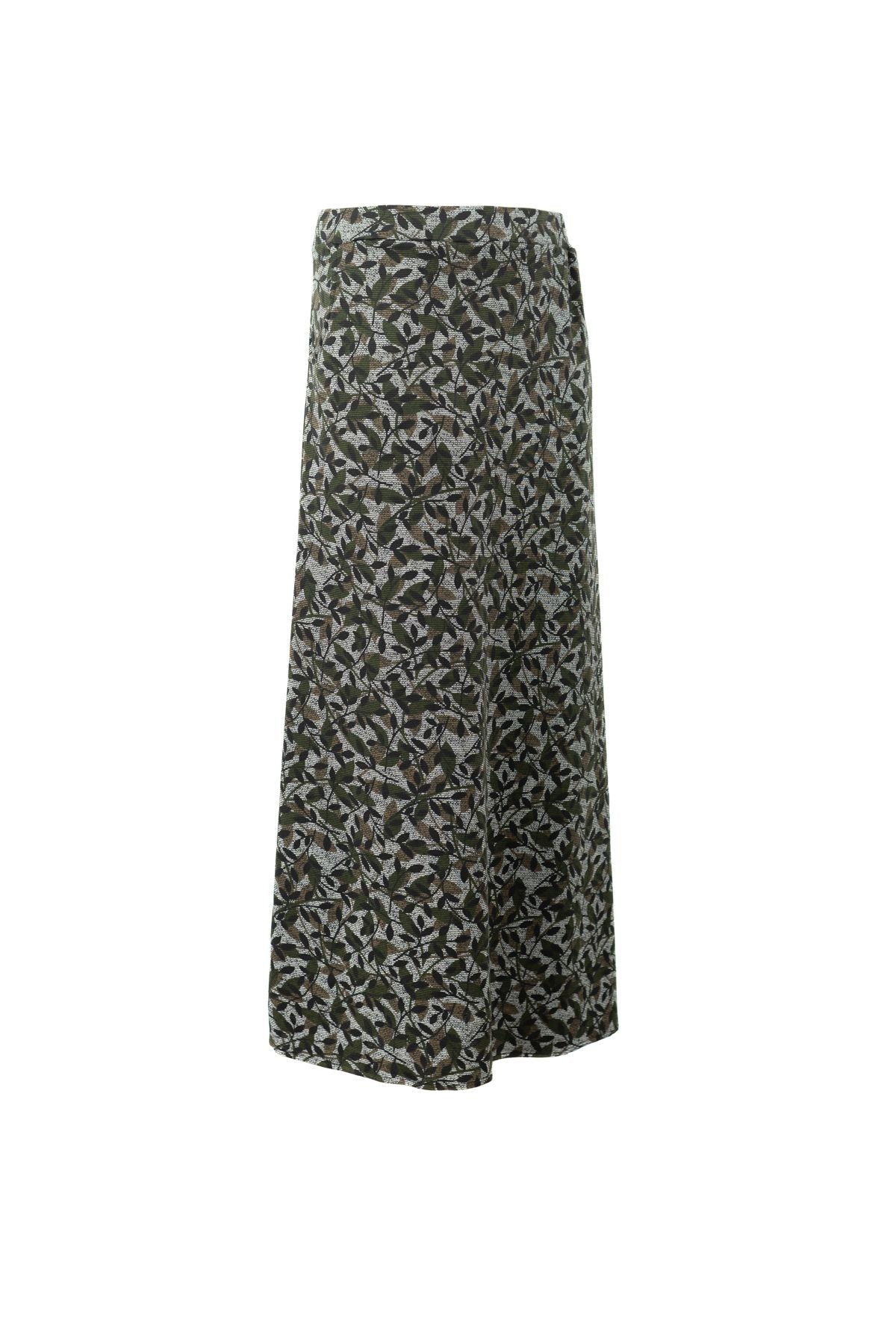 Kadın Kışlık Zeytin Dalı Desenli Cepli Beli Lastikli Likralı Tam Kalıp Kumaş Anne Etek
