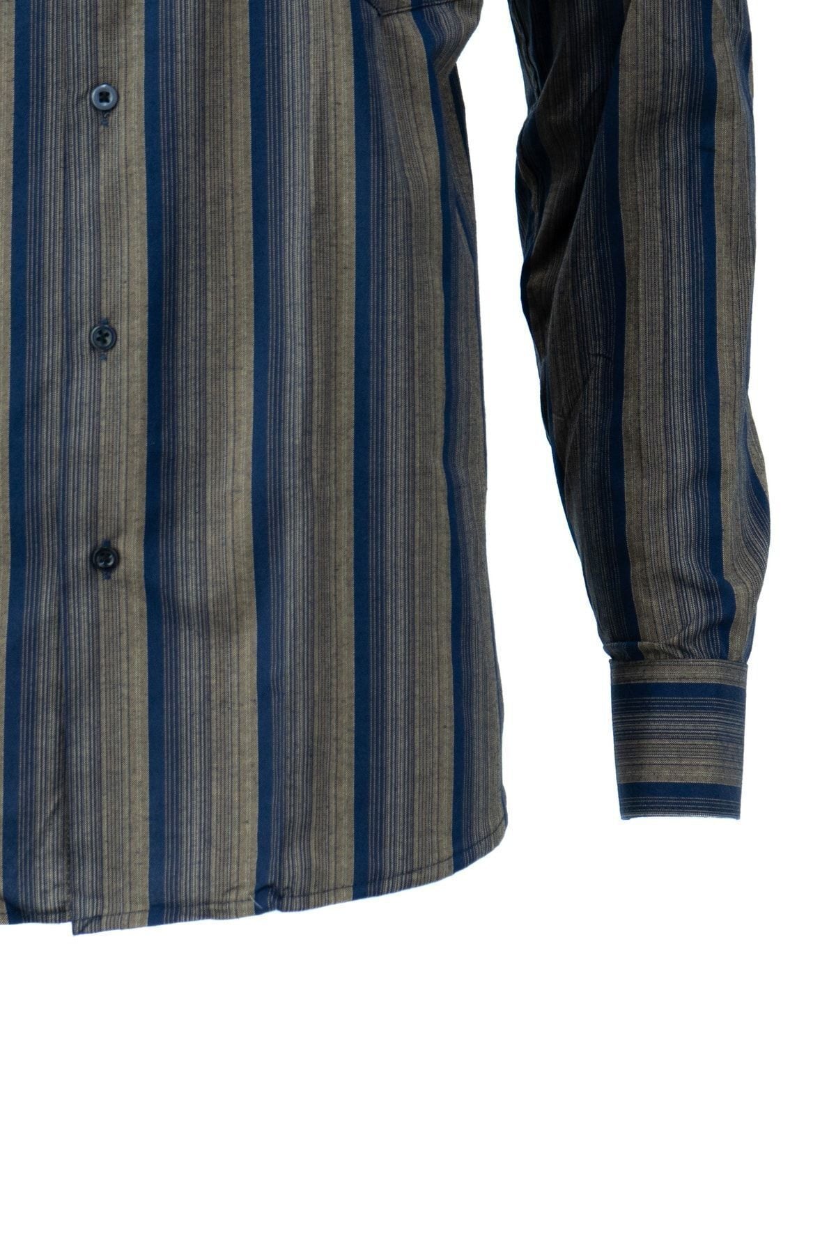 Erkek Çizgi Desenli Uzun Kollu Tam Kalıp Rahat Kesim Cepli Pamuklu Klasik Gömlek