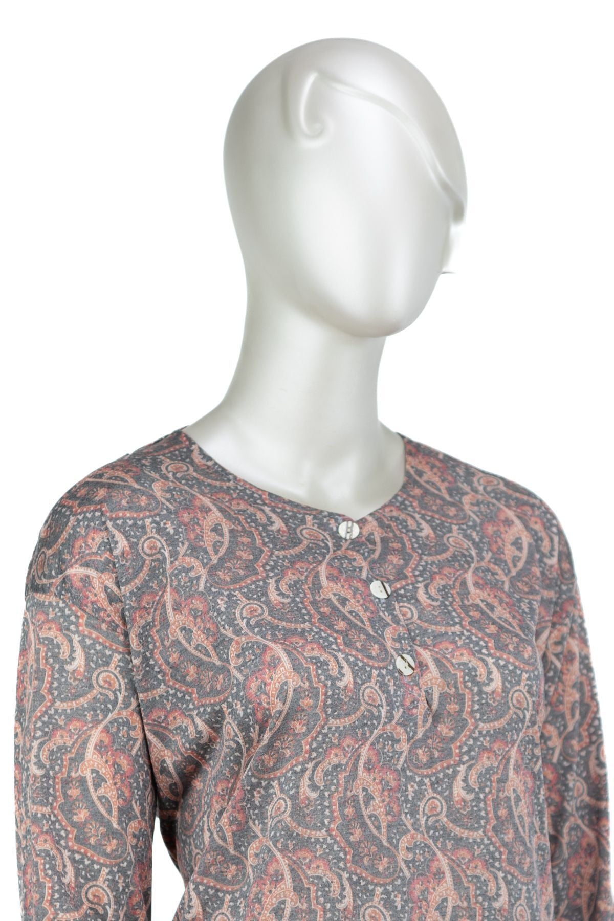 Kadın Kağıt Baskı Klasik Anne Bluz Sarmaşık Desenli Üç Düğmeli Yuvarlak Yaka Tam Kalıp