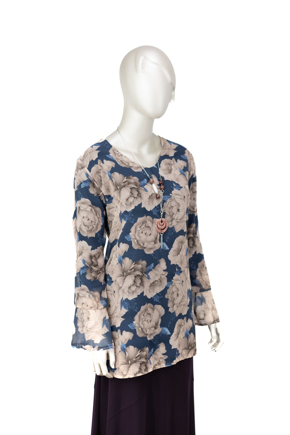 Kadın Klasik Şifon Anne Bluz Viskoz Kumaş Gül Desenli Kolyeli Uzun Kollu Astarlı Tam Kalıp