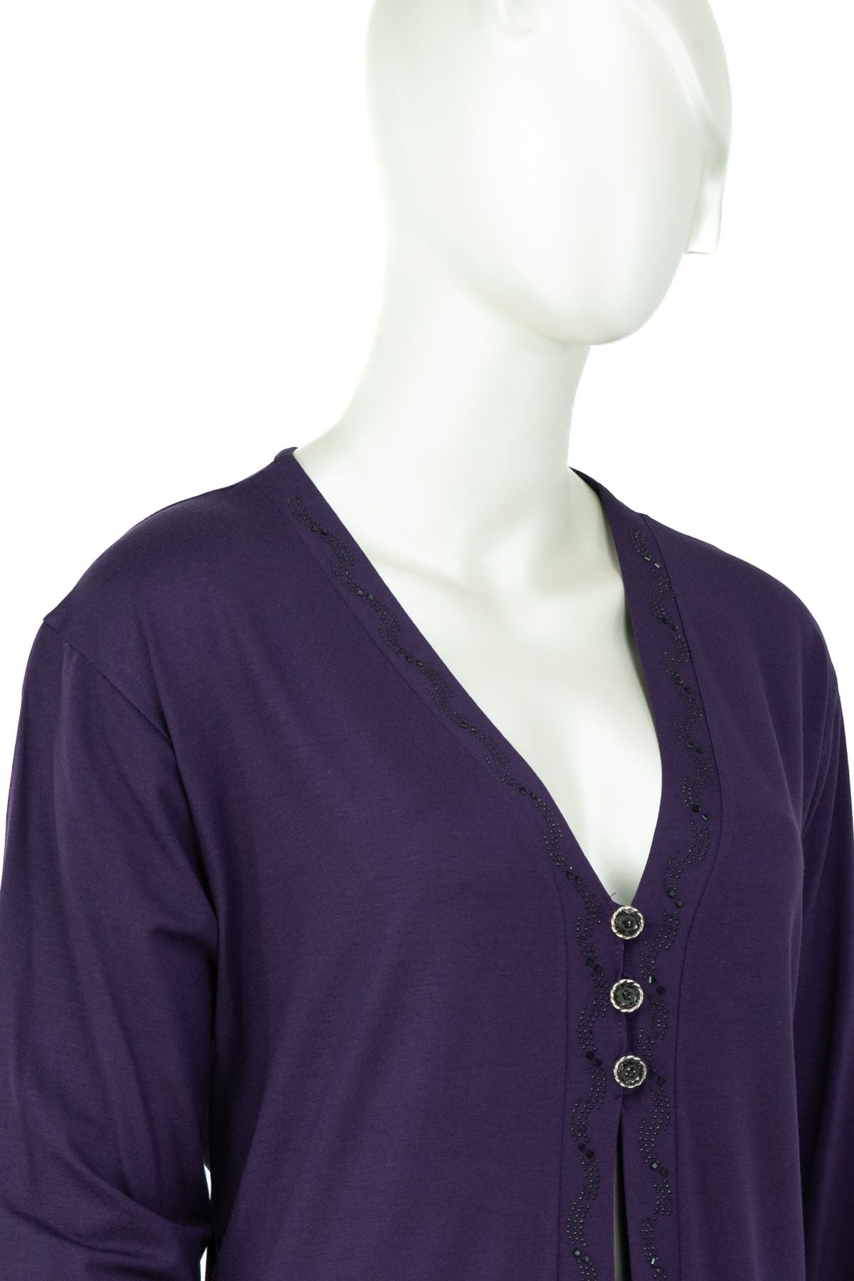 Kadın Düğmeli Taşlı Modelli Cepli Tam Kalıp Likralı Turlu Viskon Penye Kumaş Klasik Hırka