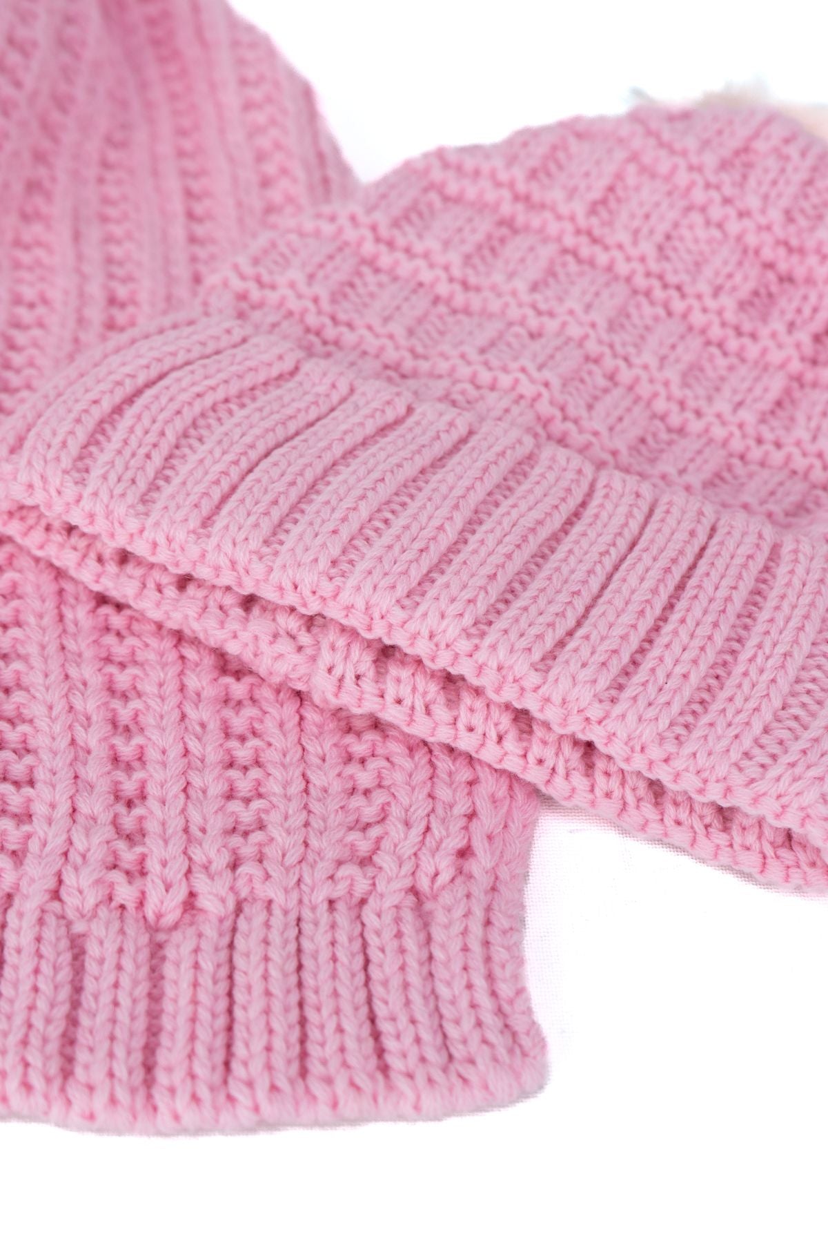 Kadın Kışlık Kalın Ponponlu Bere ve Atkı Takımı Pamuklu Katlamalı Sıcak Tutar Rahat Hafif