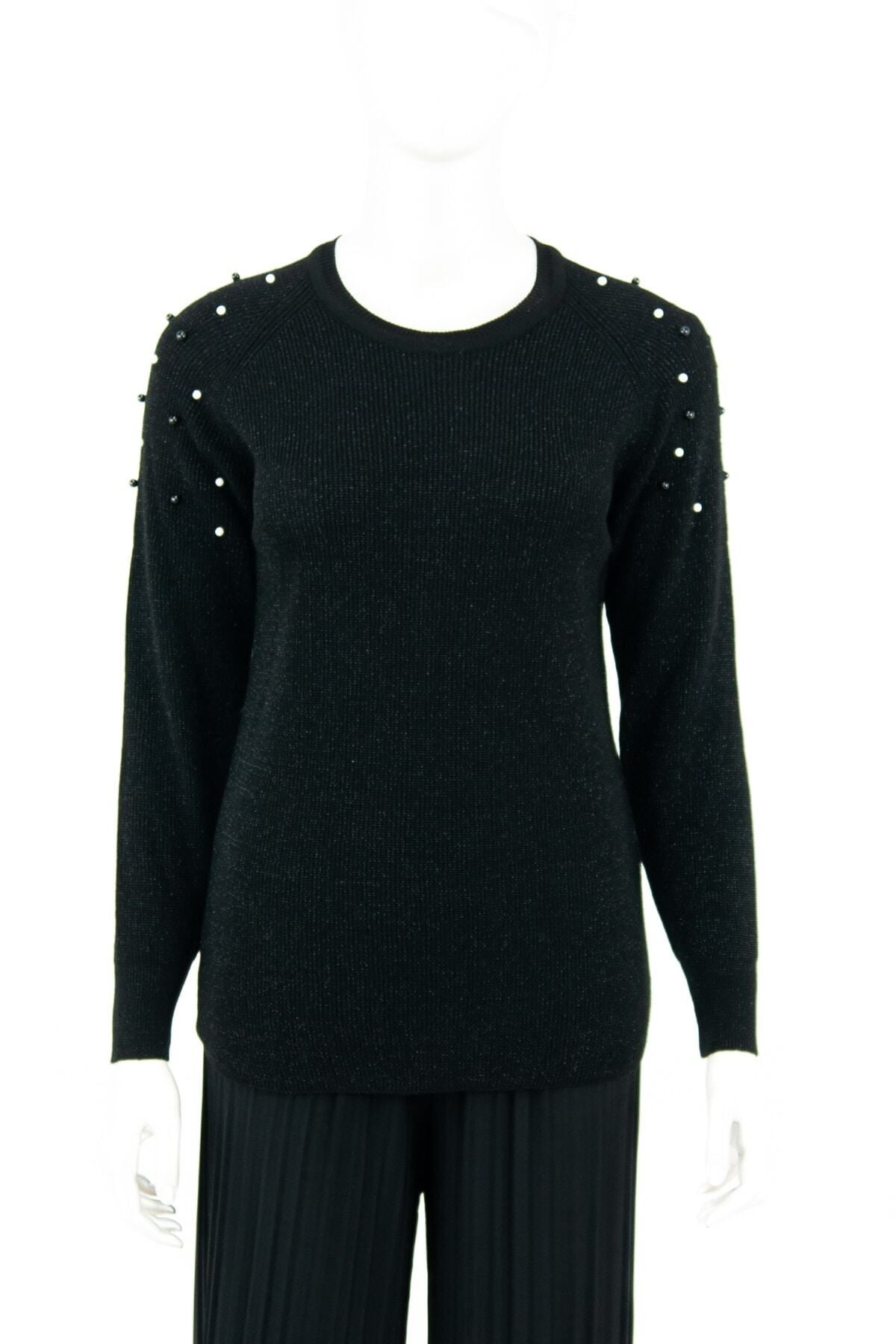 Kadın Kışlık Boncuk Modelli Yuvarlak Yaka Likralı Simli Pamuklu Dokuma Triko Kazak