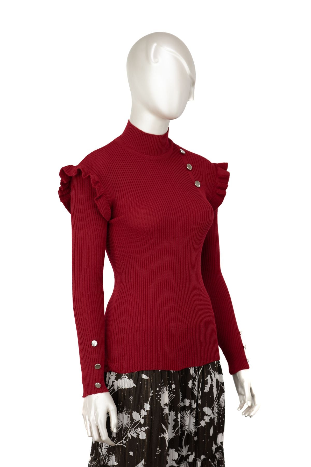 Kadın Kışlık Kolları Şık DüğmeDetaylı Yarım Yaka Bedene Oturan Likralı Örme Triko Badi Kazak