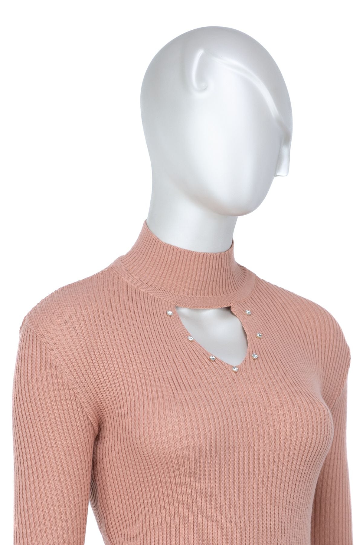 Kadın Kışlık Yarım Yakalı ve Taşlı Yaka Açıklığı Bulunan Bedene Oturan Örme Triko Badi Kazak