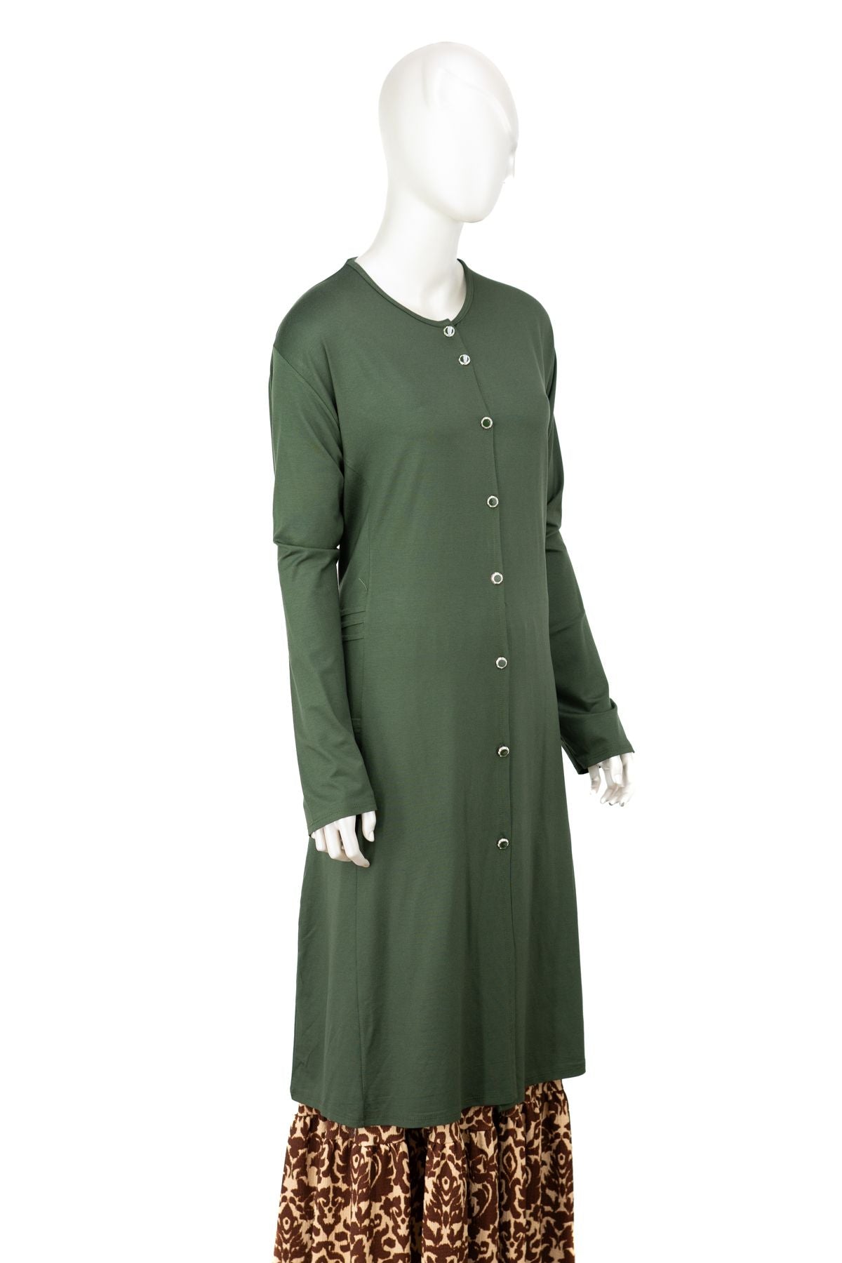 Kadın Uzun Anne Hırka Önü Düğmeli Çift Cepli Rahat Kesim Likralı Turlu Viskon Penye Kumaş