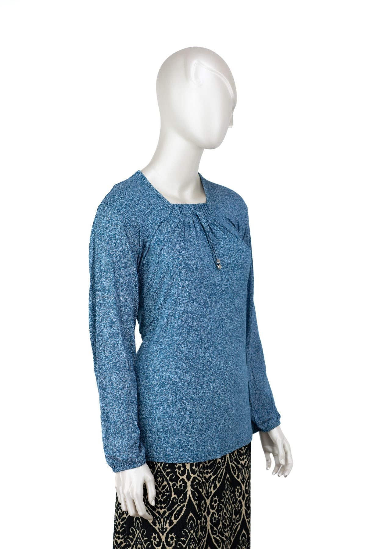 Kadın Turlu Viskon Penye Kumaş Anne Bluz Şık Kum Desenli Likralı Kare Yaka Uzun Kol TamKalıp