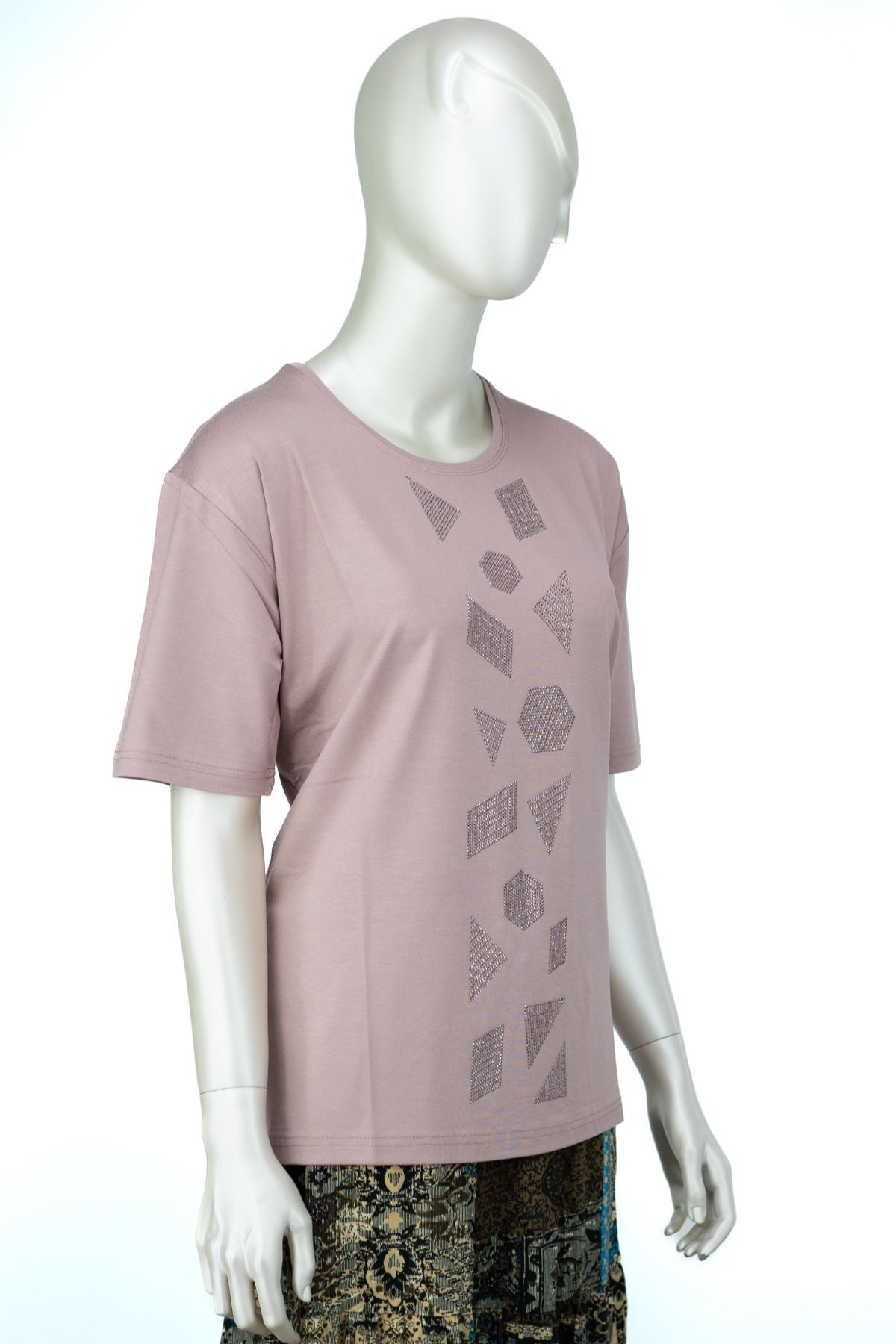 Kadın Düğün Taşlı Yuvarlak Yaka Kısa Kol Tam Kalıp Büyük Beden Viskon Penye Kumaş Anne Bluz