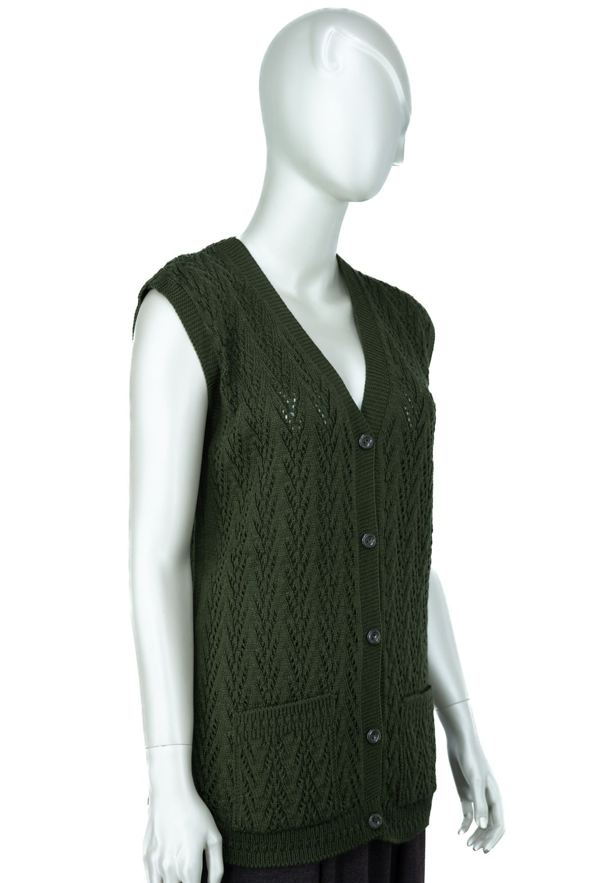 Kadın Kışlık Pamuklu Triko Klasik Örme Anne Yelek Kilim Örgü Model Önden Düğmeli Çift Cepli