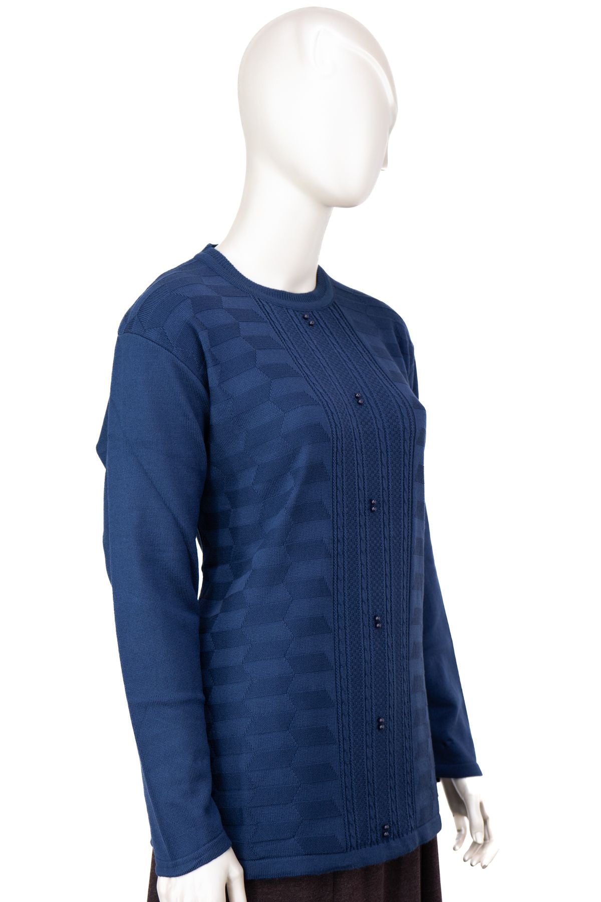 Kadın Kışlık Pamuklu Triko Dokuma Anne Kazak Boncuklu Damlam Motifli Yuvarlak Yakalı