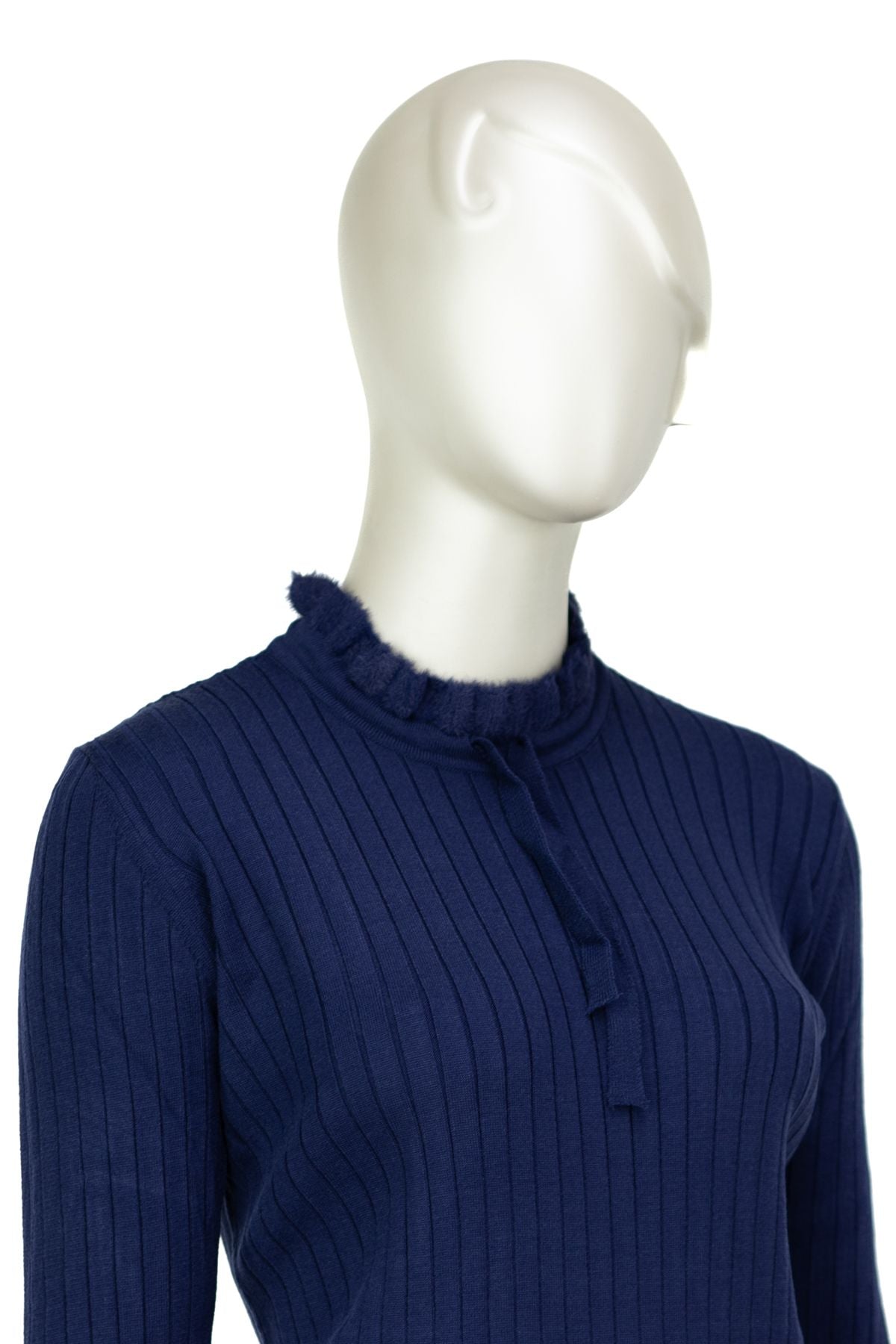 Kadın Pamuklu Örme Badi Kazak Likralı Esnek Çizgi Motifli Bağcıklı Yuvarlak Yakalı Uzun Kol