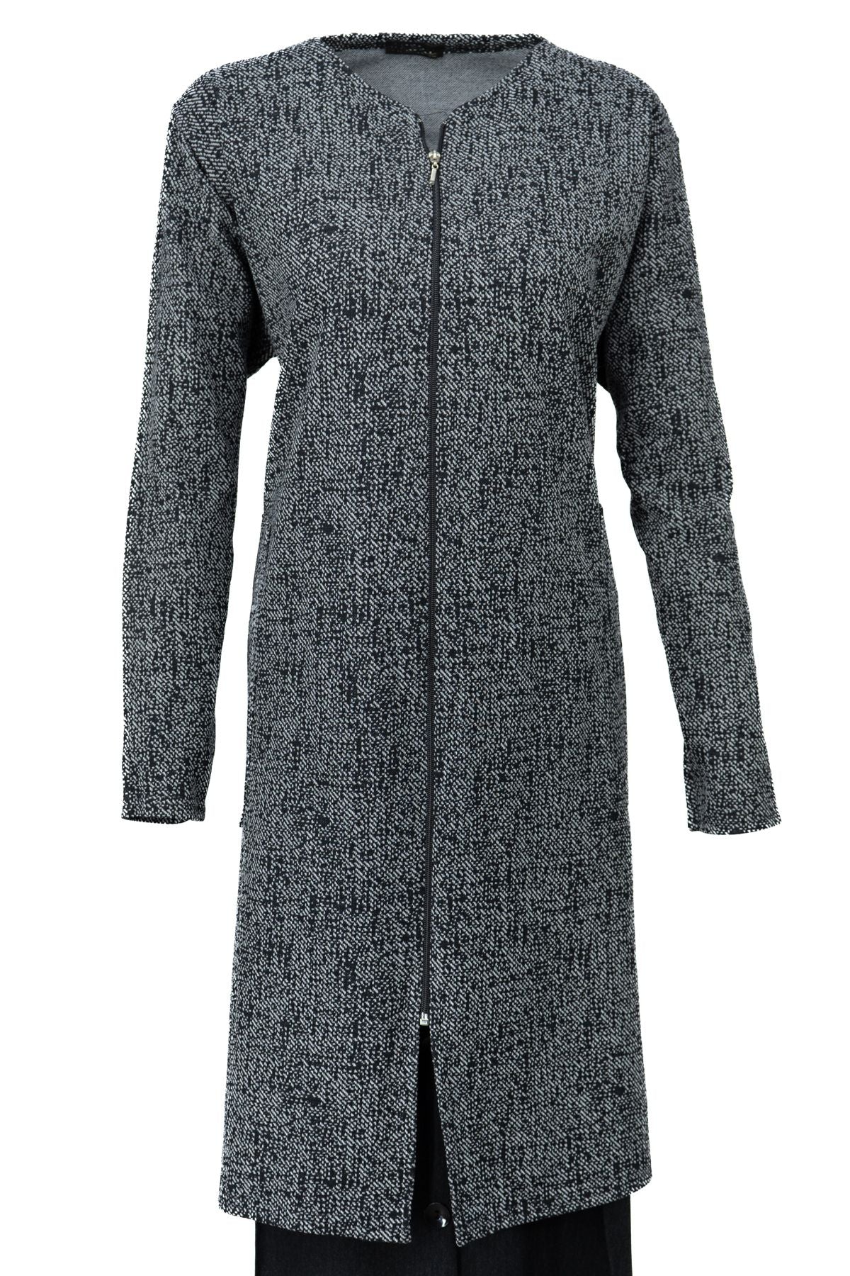 Kadın Kışlık Anne Uzun Hırka Pamuklu Fermuarlı V Yaka Çift Cepli Likralı Yasemen Modelli