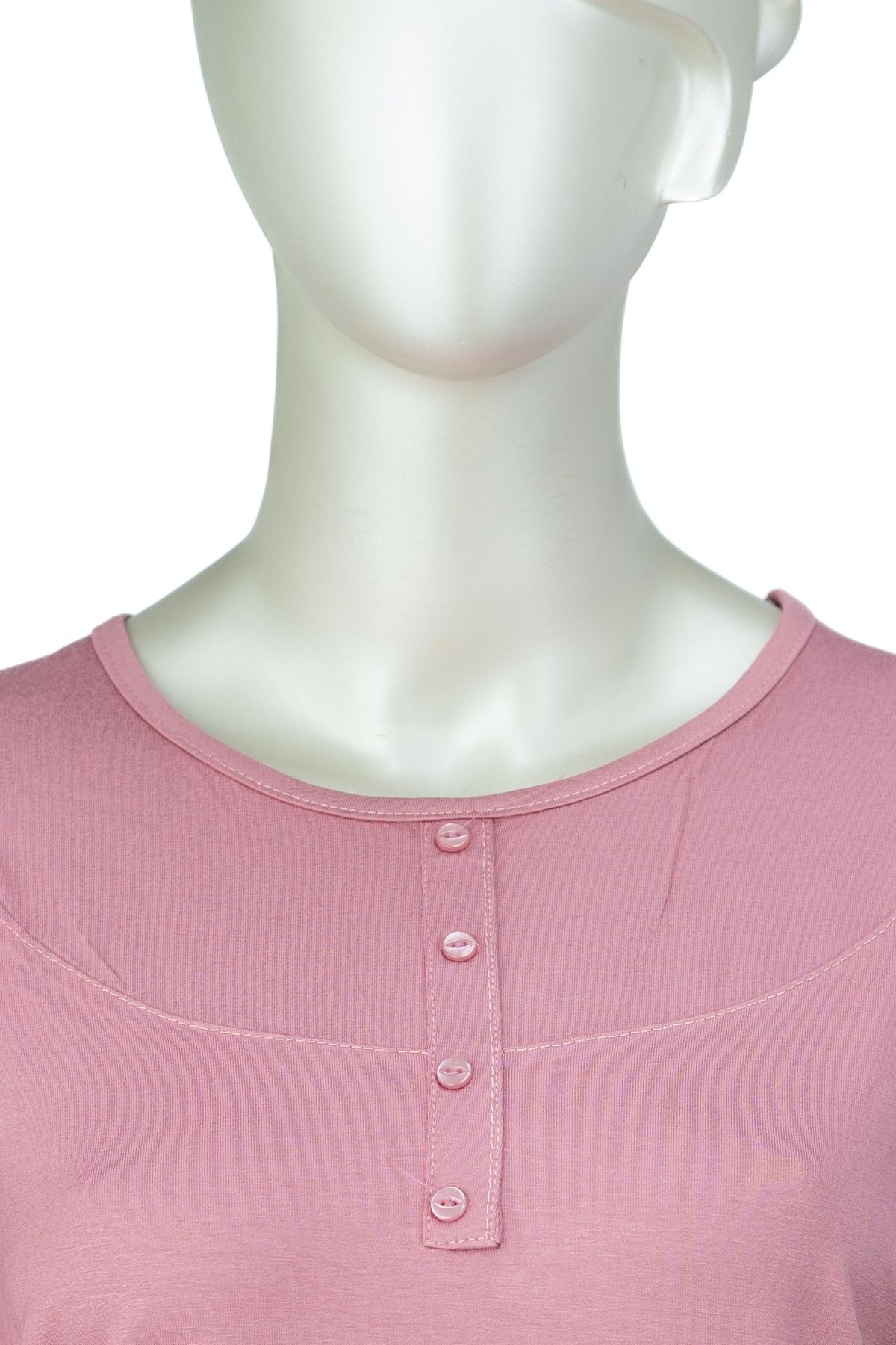 Kadın Klasik Düğme Desenli Yuvarlak Yaka Rahat Büyük Beden Viskon Penye Kumaş Anne Bluz