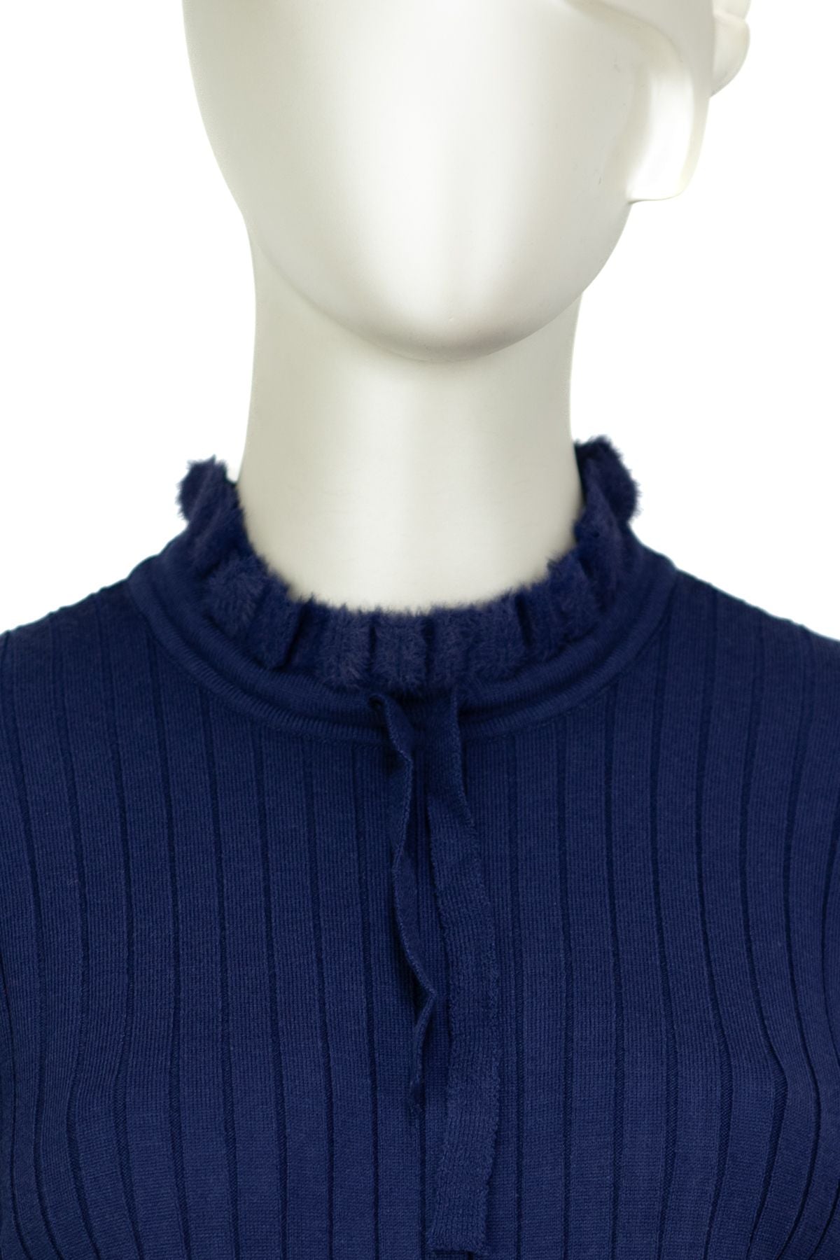 Kadın Pamuklu Örme Badi Kazak Likralı Esnek Çizgi Motifli Bağcıklı Yuvarlak Yakalı Uzun Kol