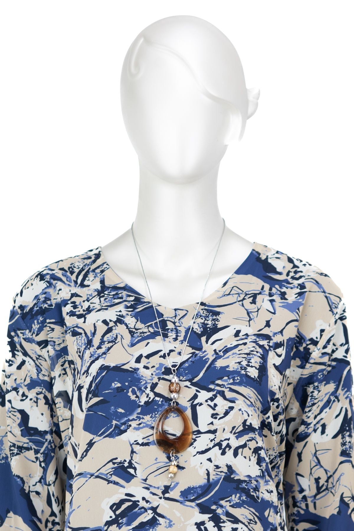 Kadın Klasik Şifon Anne Bluz Viskoz Kumaş Sanat Desenli Kolyeli Uzun Kollu Astarlı Tam Kalıp