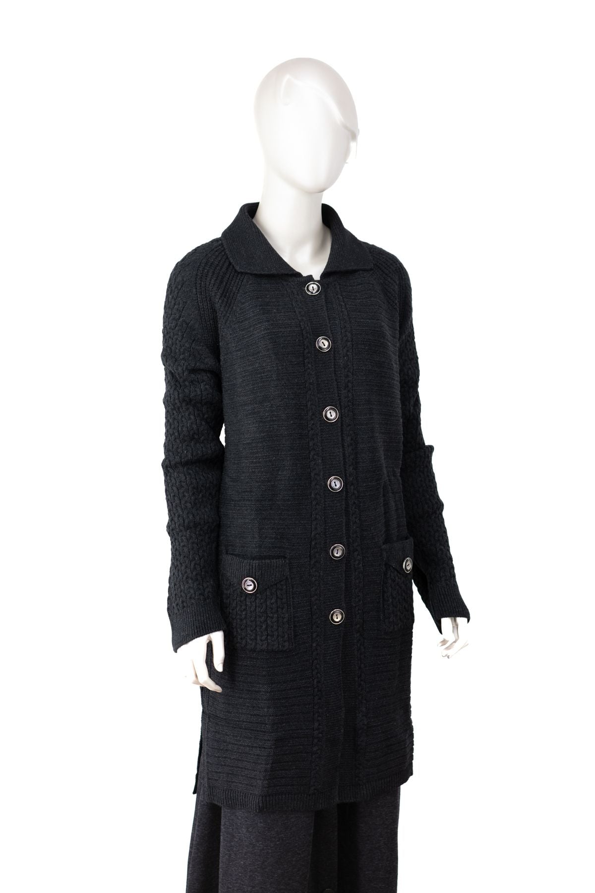 Kadın Kalın Kışlık Örgü Motifli Çift Cepli Triko Örme Anne Hırka Yakalı Rahat Kesim TamKalıp