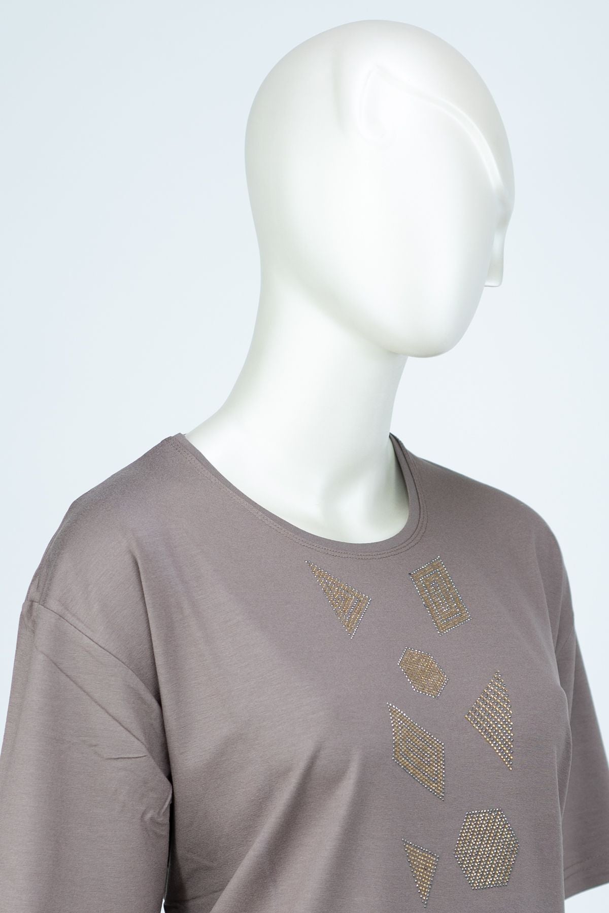 Kadın Düğün Taşlı Yuvarlak Yaka Kısa Kol Tam Kalıp Büyük Beden Viskon Penye Kumaş Anne Bluz